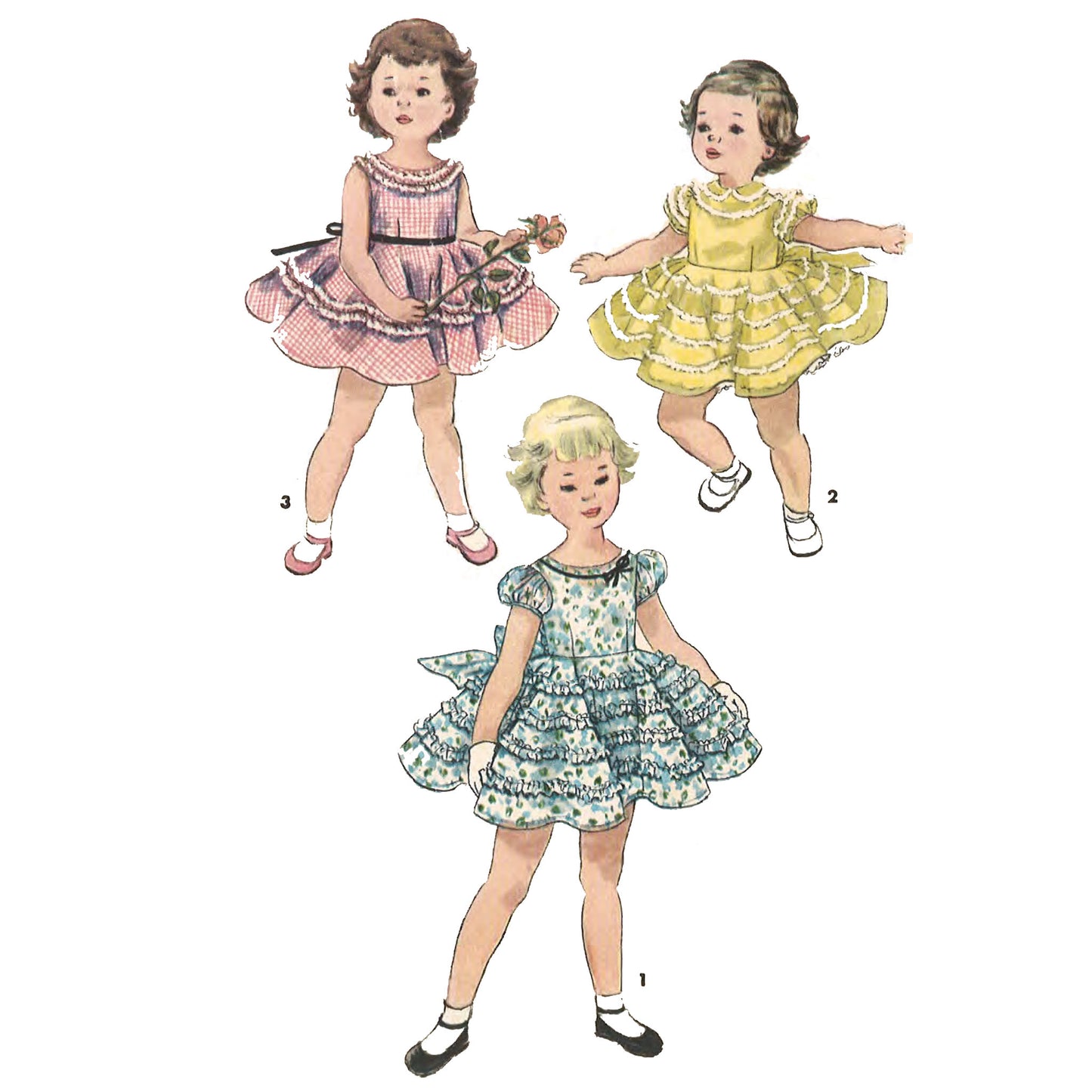 3 little girls in frilly dresses