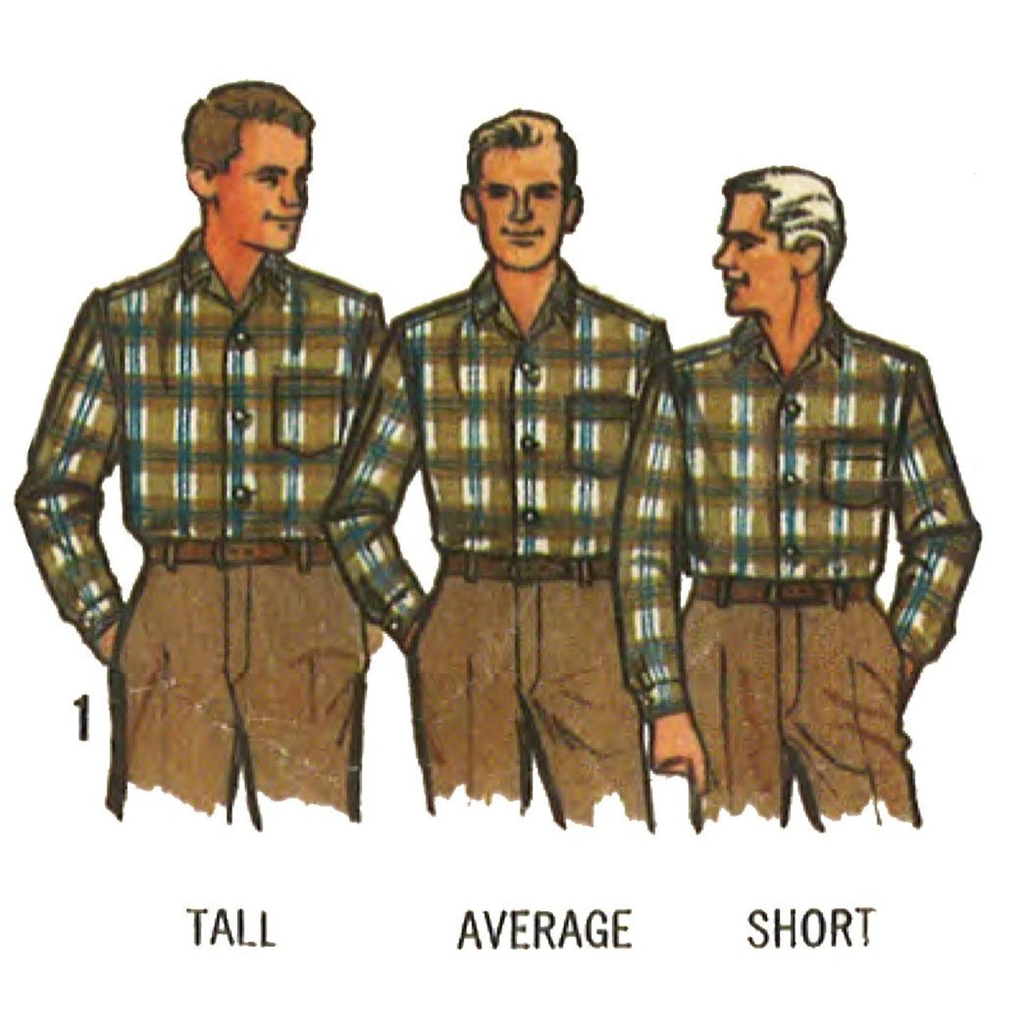 Three men of each wearing a tall, average and short men wearing the same shirt.
