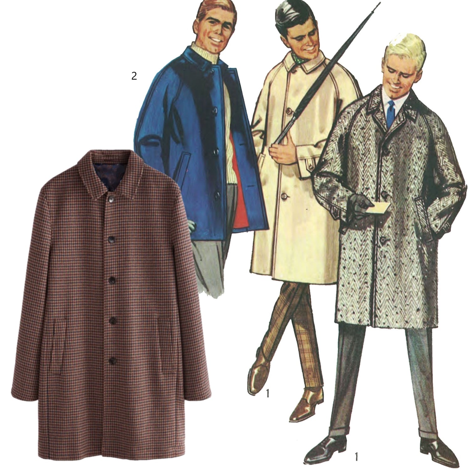 Three men wearing MOD overcoats made from 1960's pattern Simplicity 6071