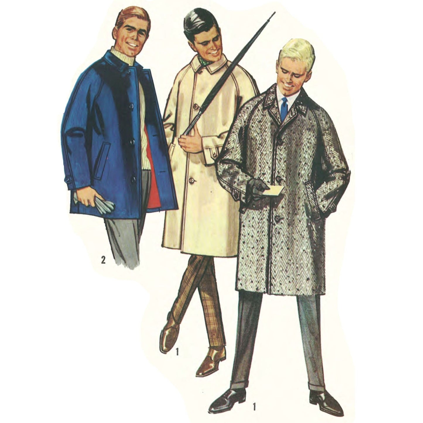 Three men wearing MOD overcoats made from 1960's pattern Simplicity 6071