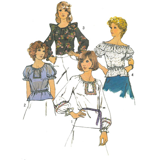 Model wearing 1970s blouses made from Simplicity 6412 pattern