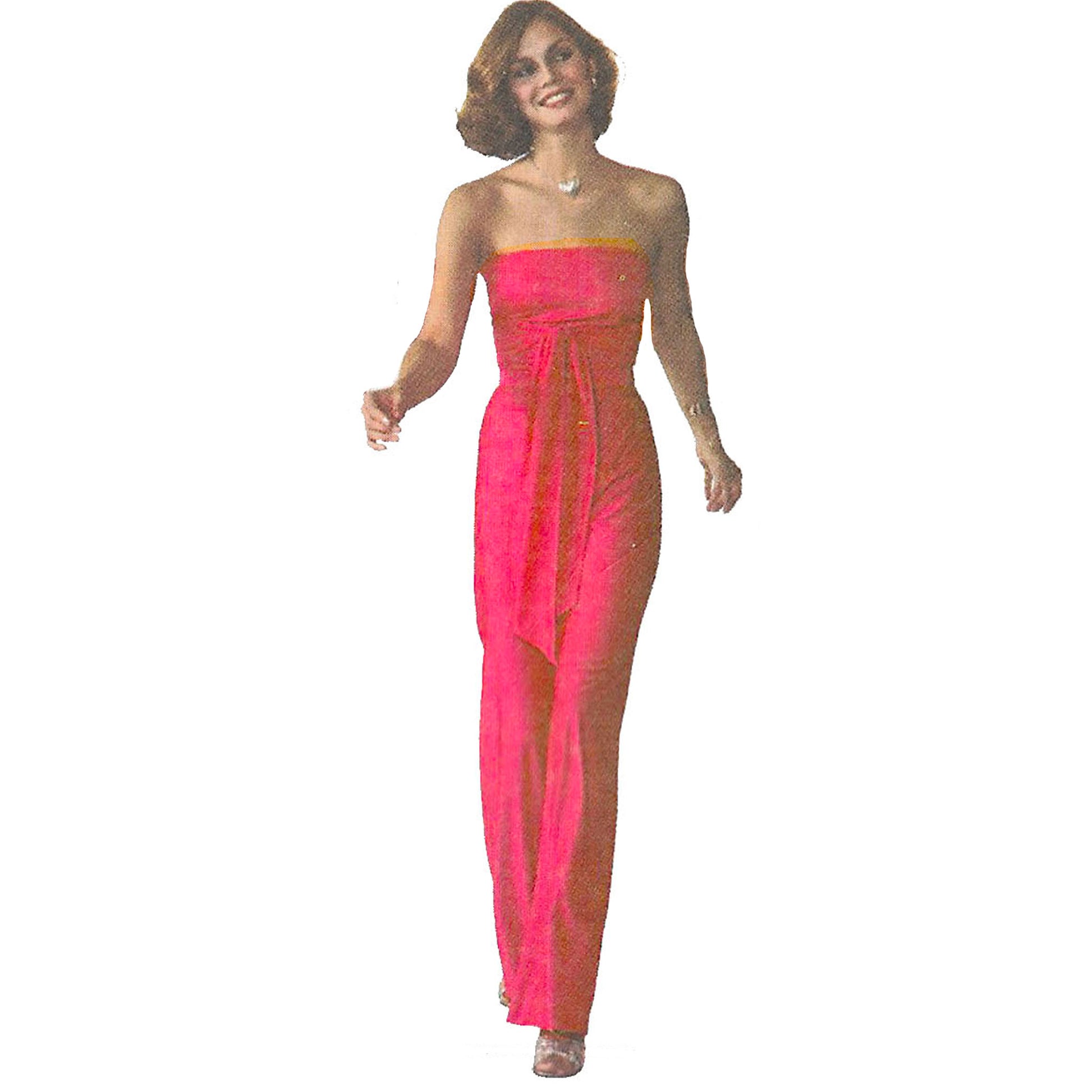 Model wearing 1970s jiffy knit multi-wrap and tie jumpsuit made from Simplicity 7957 pattern