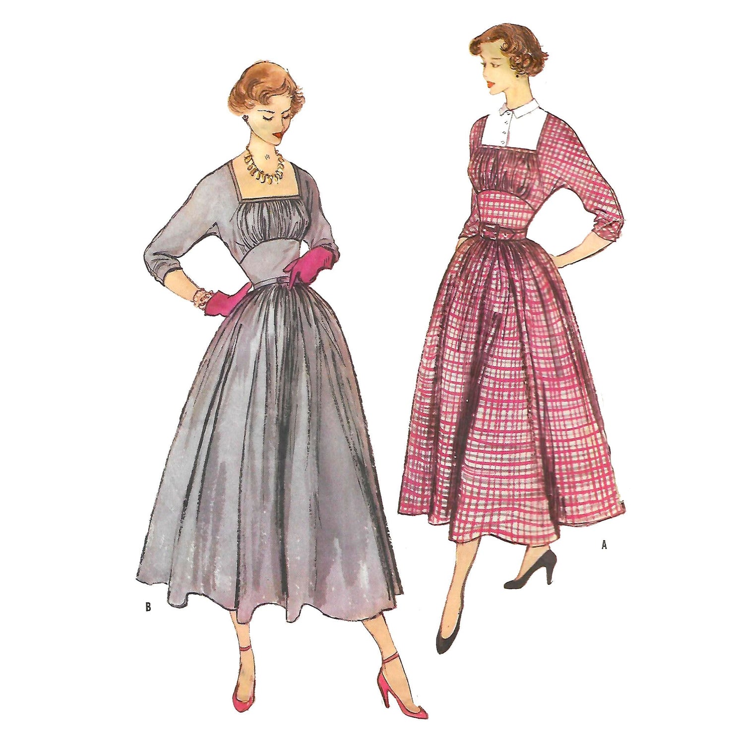 Model wearing 1950s one-piece afternoon dress made from Simplicity 8135 pattern