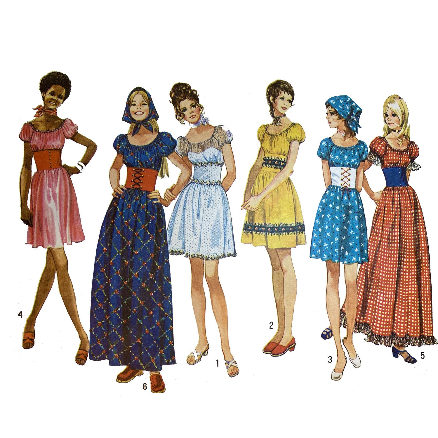 Model wearing 1970s dress in two lengths, and scarf made from Simplicity 9164 pattern