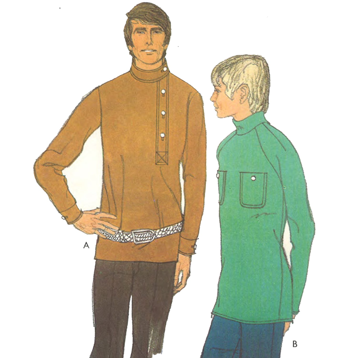 Men and boy wearing pull-over shirts made from sewing pattern Style 3343