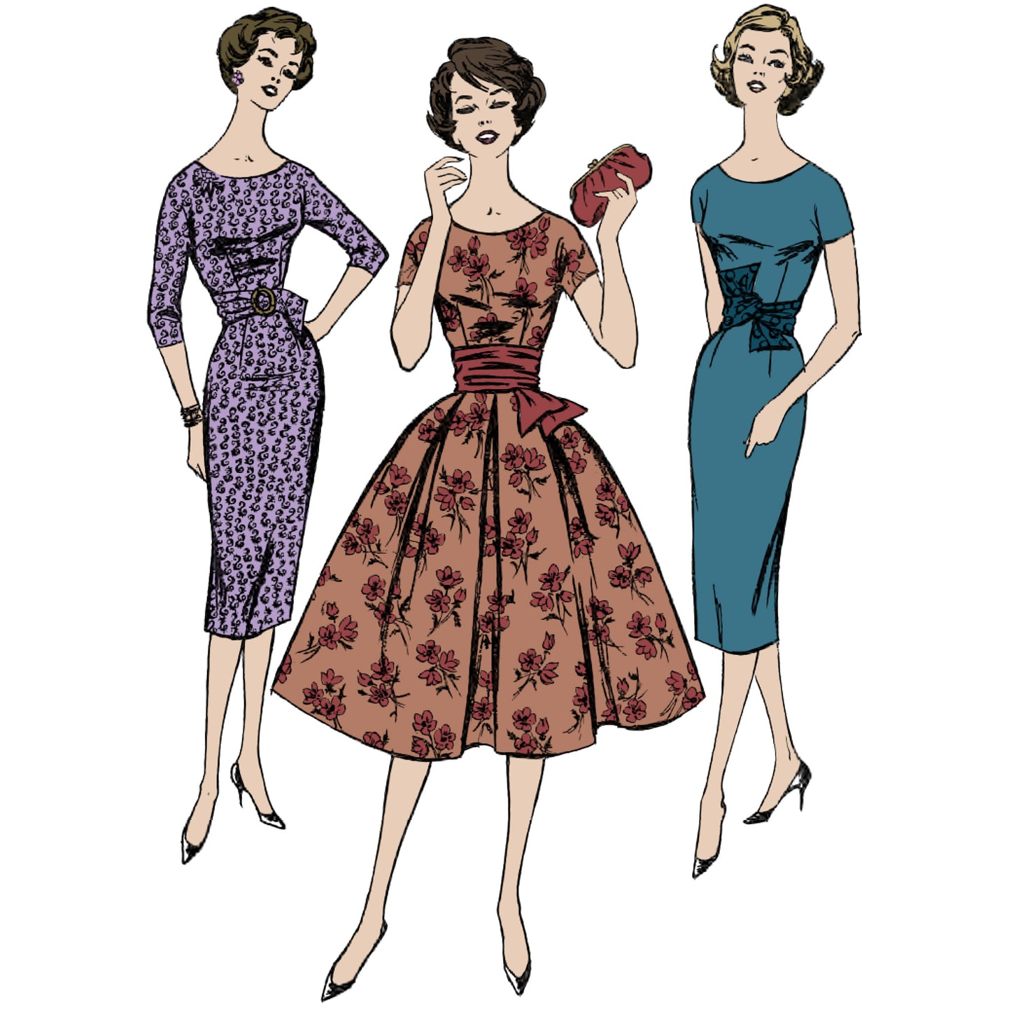 3 women wearing 3 different versions of the same dress featuring short or three quater length sleeves. Dart fitted bodice and full pleated or fitted skirt. Back zip closure and cummerbung or belt.