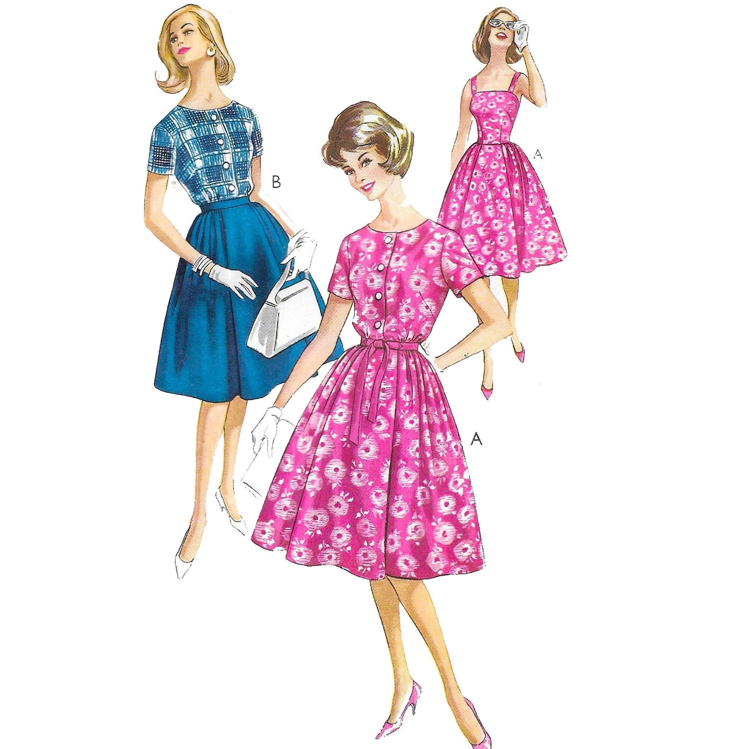 Women wearing a summer or party dress made up from ST386 sewing pattern