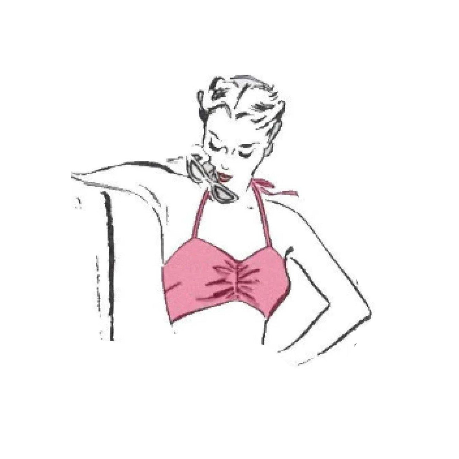 Woman wearing a beach bra top made up frpm a sewing pattern