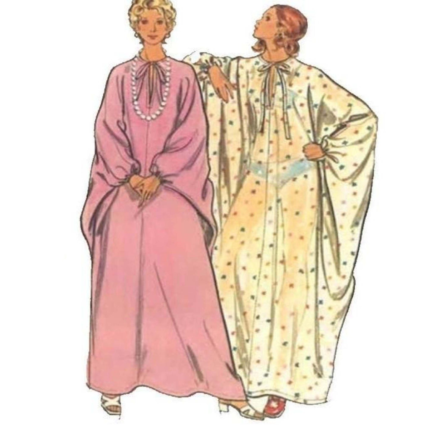 Two women wearing a Vintage 1970s Pattern, Kaftan / Kimono, Loose Fitting Dress