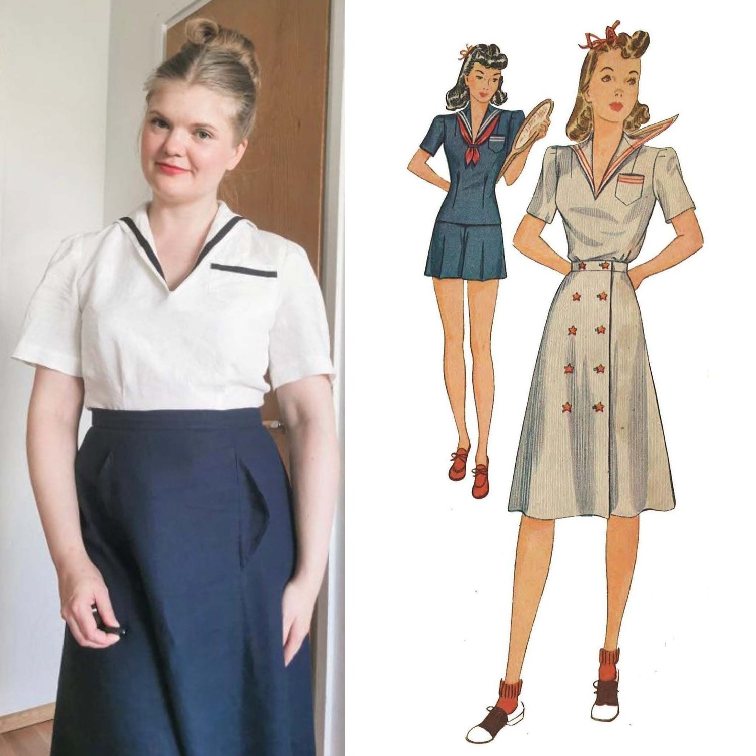 1940's Pattern, Three Piece Sailor Playsuit, Blouse, Skirt, High Waist Shorts - Multi-sizes - Vintage Sewing Pattern Company