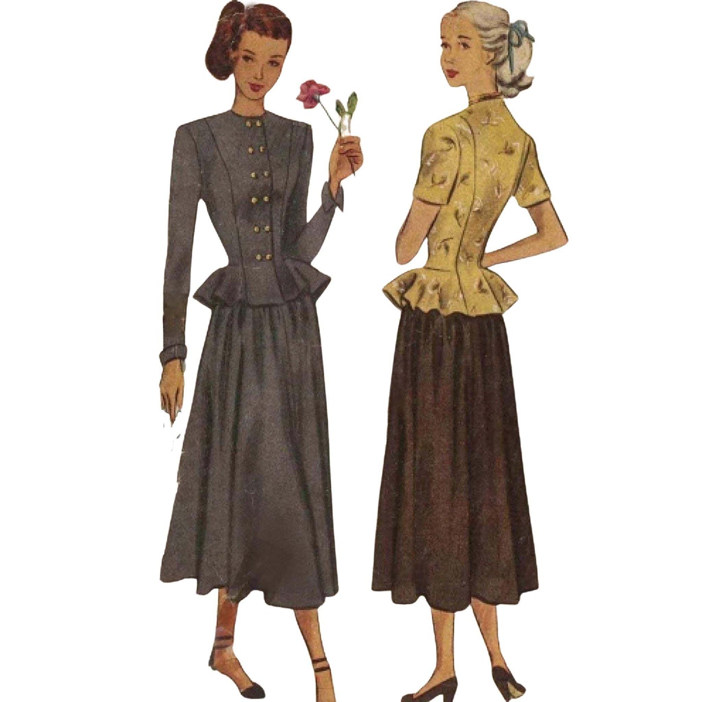 Vintage 1940s Sewing Pattern, Two women wearing a Peplum Jacket & Skirt Suit 