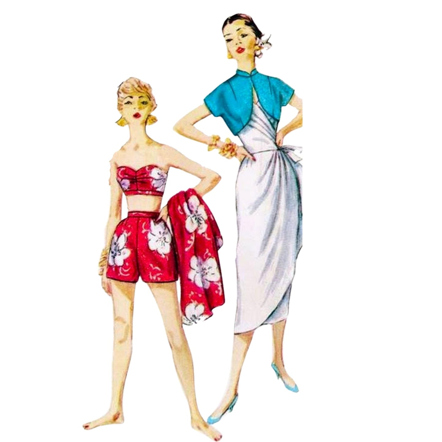 Model wearing 1950s sarong dress, jacket, bra and shorts made from Simplicity 1168 pattern