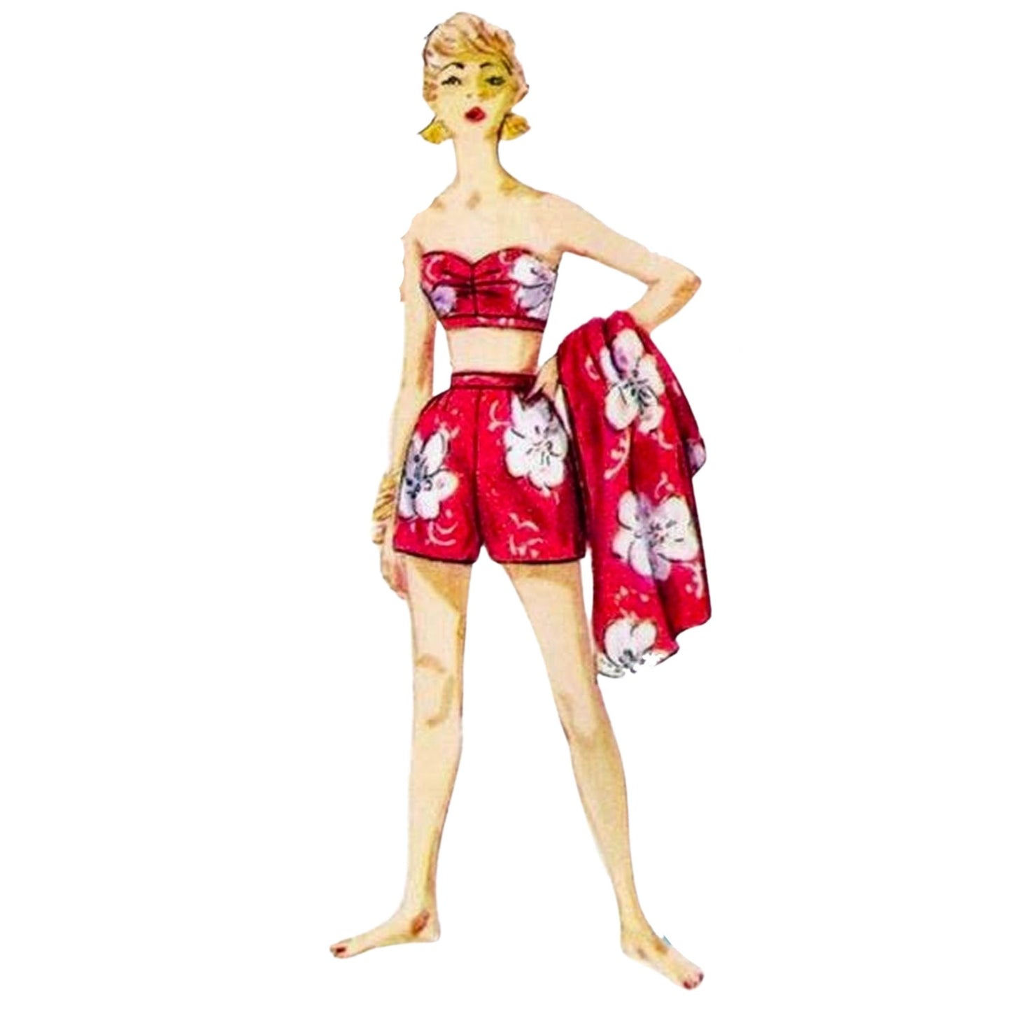 Model wearing 1950s sarong dress, jacket, bra and shorts made from Simplicity 1168 pattern