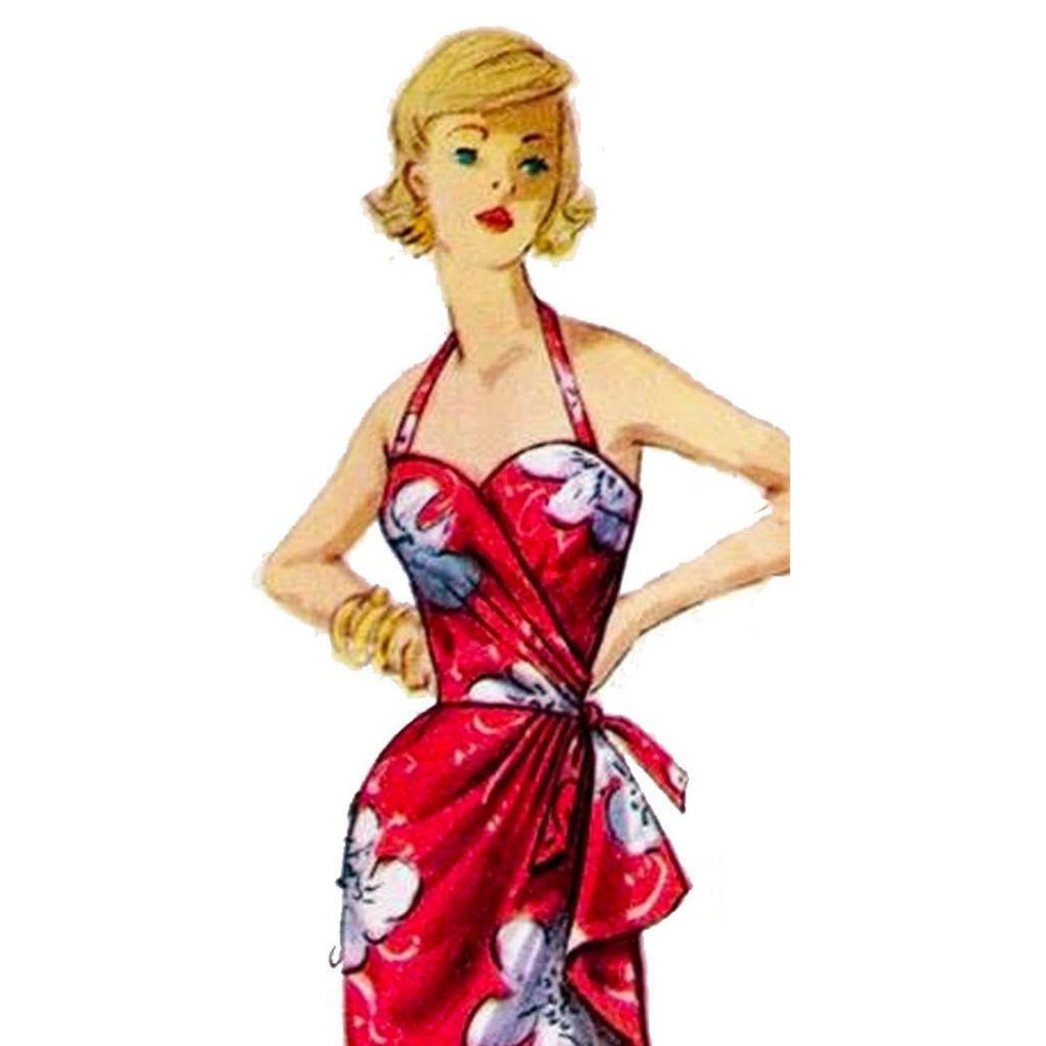 Model wearing 1950s sarong dress, jacket, bra and shorts made from Simplicity 1168 pattern