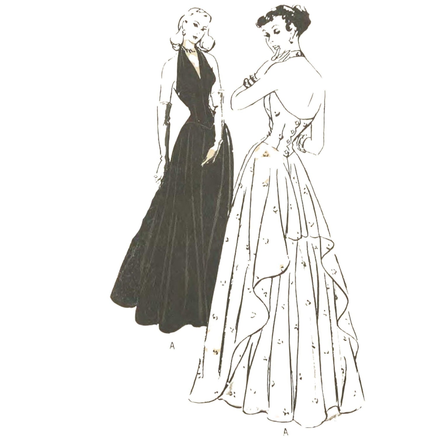 Women wearing a 1940s Evening Gown, Halter Neck Dress
