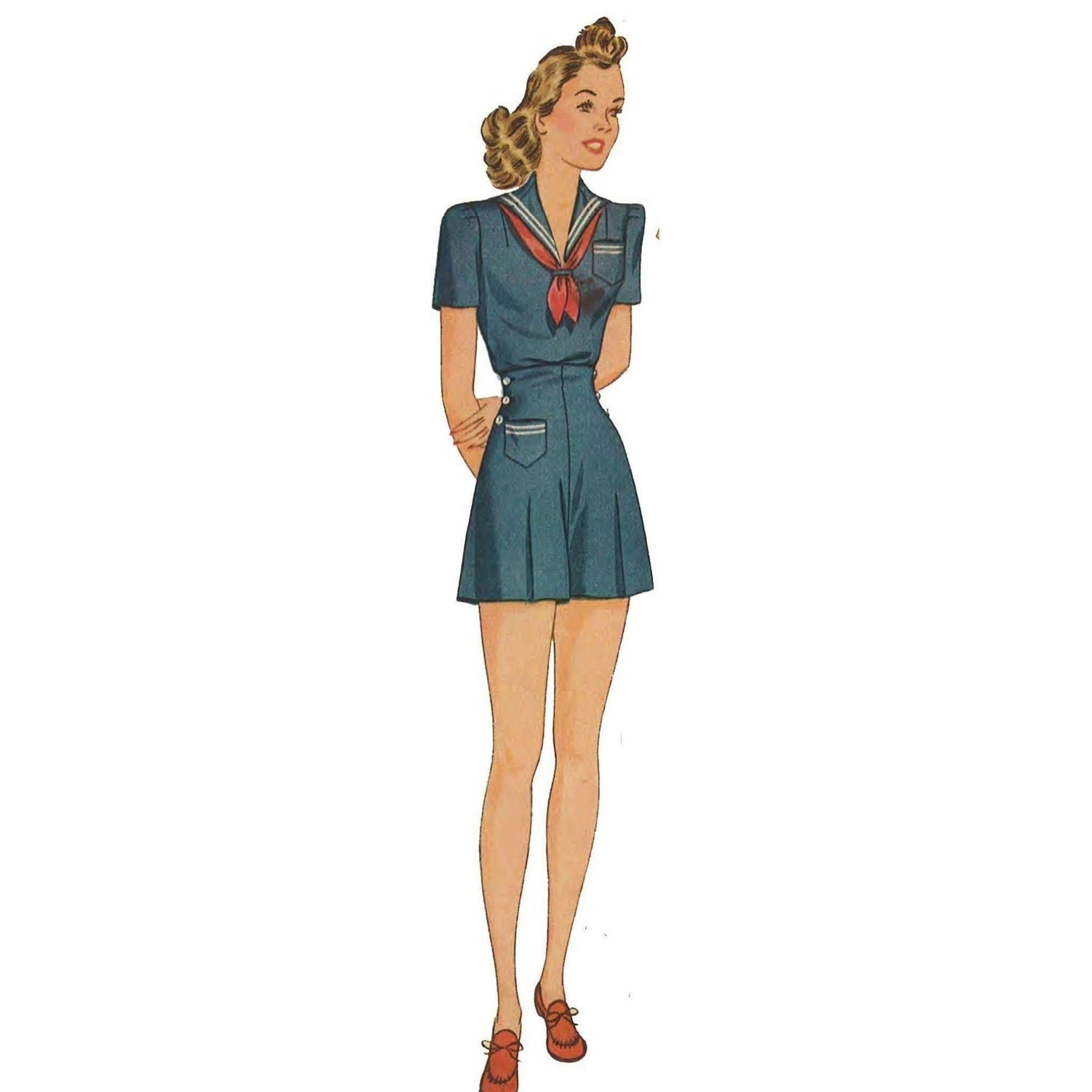 Woman wearing Three Piece Sailor Playsuit, Blouse, Skirt, High Waist Shorts