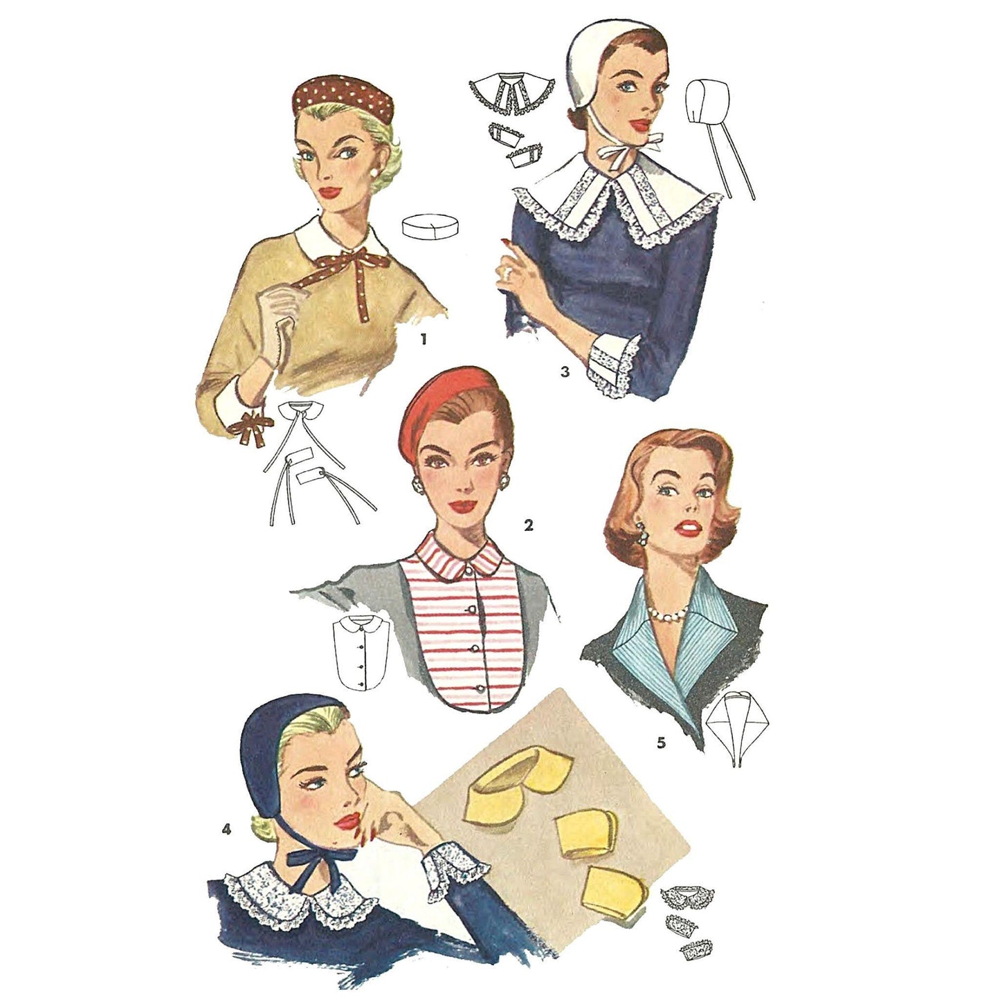 5 women wearing1950s Pattern, Collars, Cuffs, Dickey & Beret  
