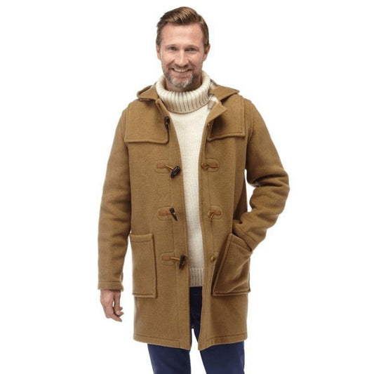Man wearing a coat made up from a 1950s Pattern, Men's Duffle Coat with Hood