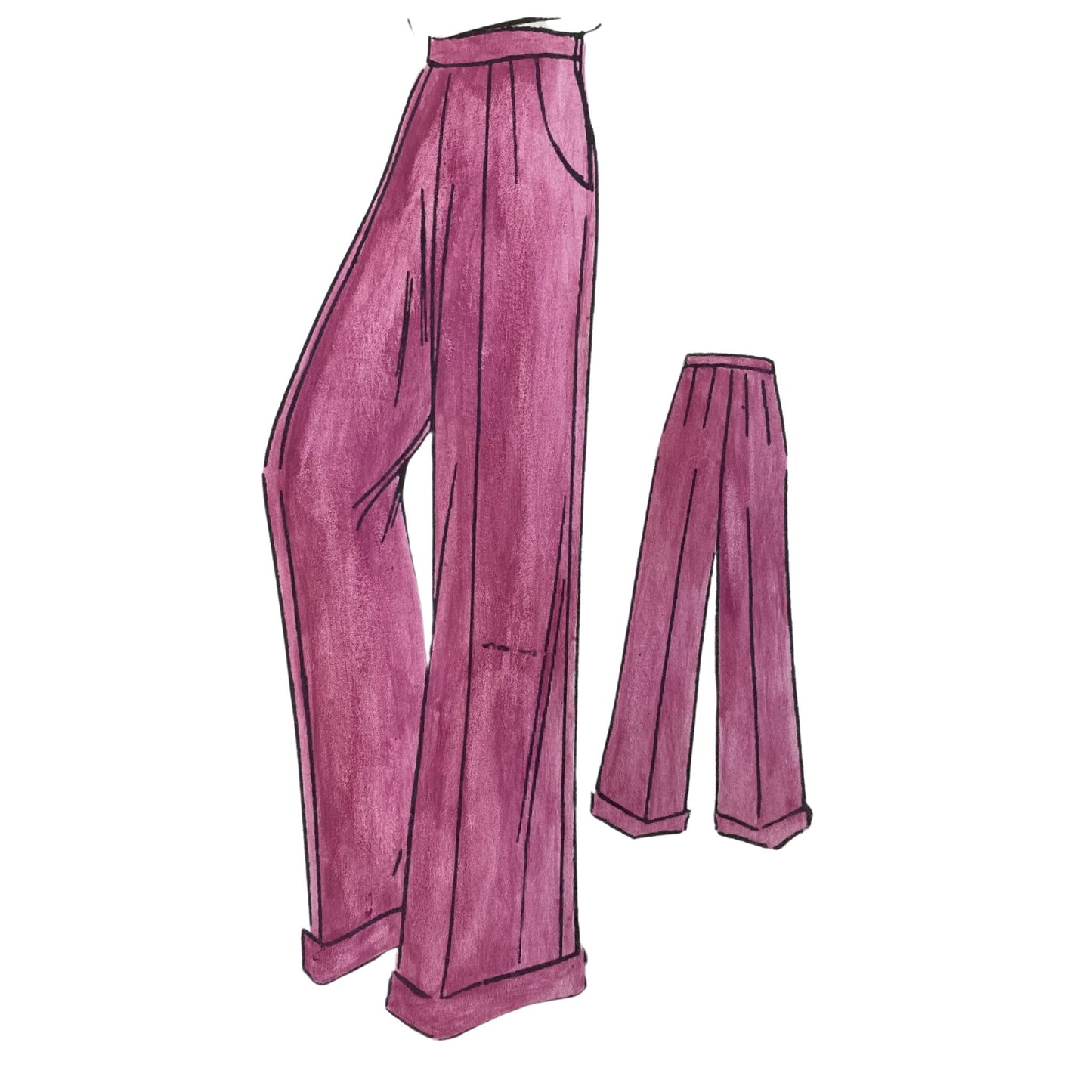Hand drawn image of women's slacks with wide legs and turnups, front pockets and waistband