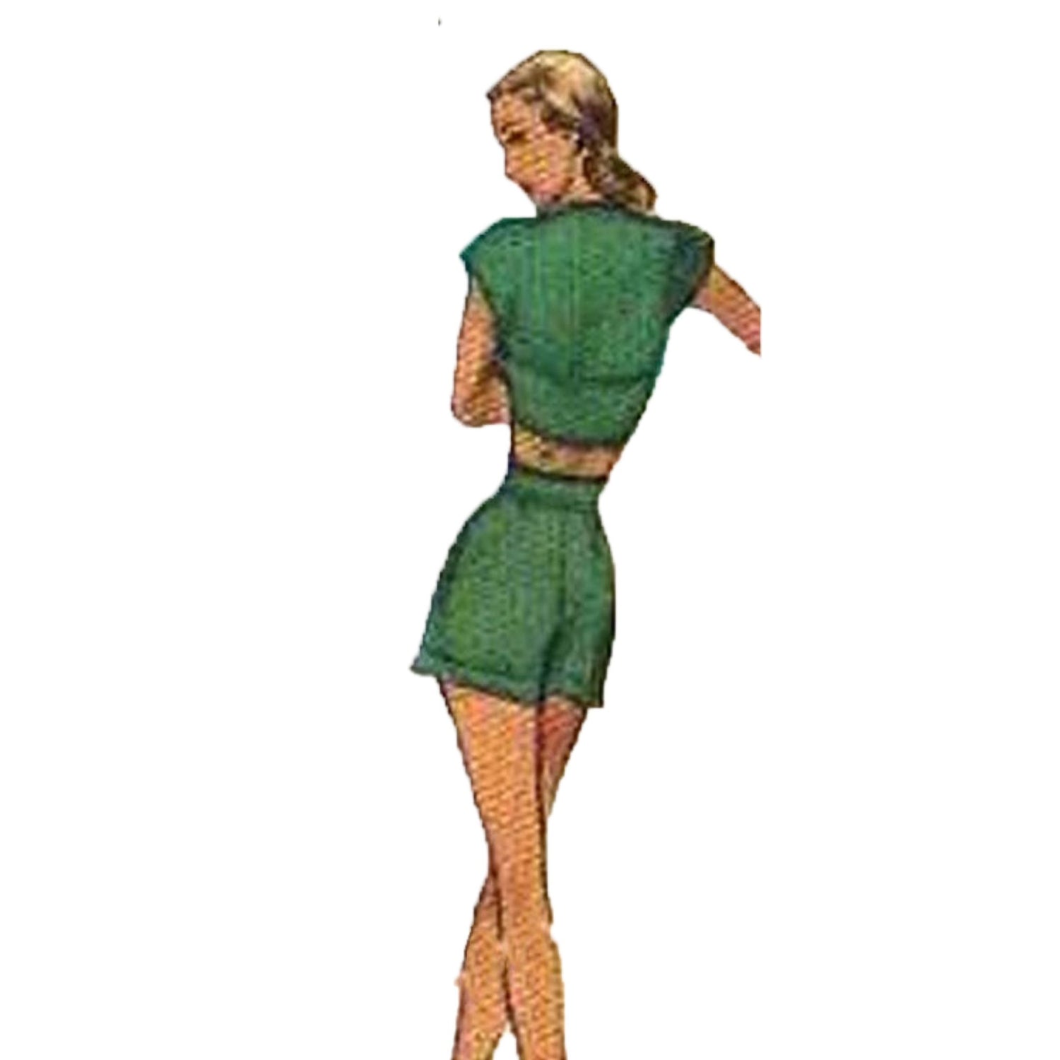 Model wearing three-piece shorts ensemble made from Simplicity 6812 pattern