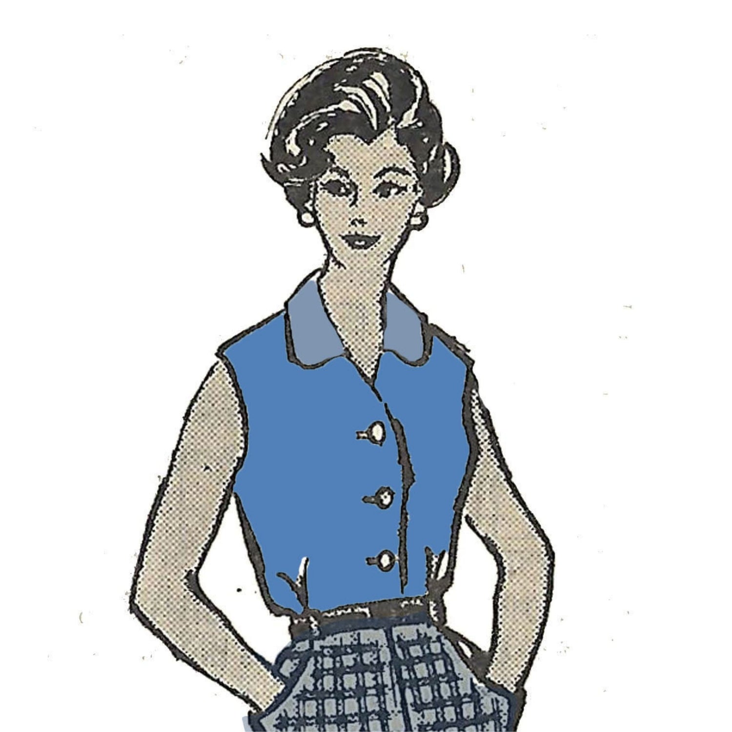 Model wearing 1950 blouse and slack made from Marian Martin 4787 pattern