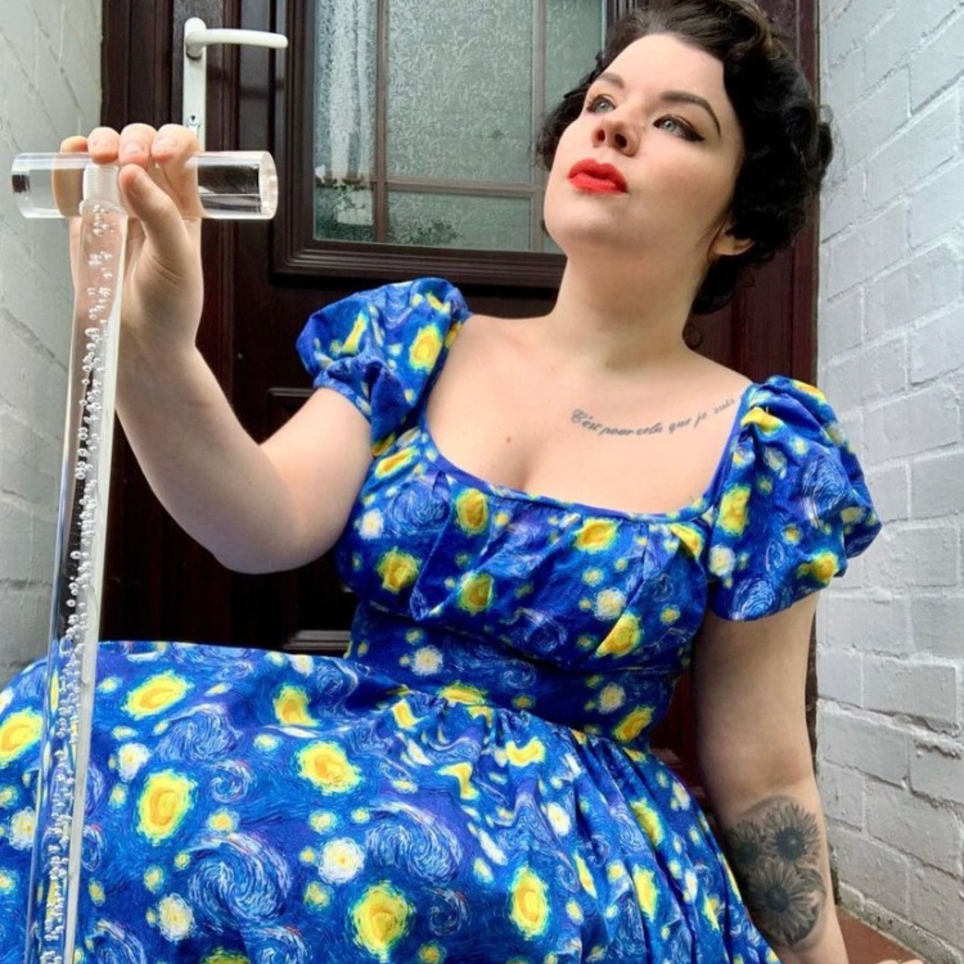 Model wearing 1950s one-piece dress made from Simplicity 4638 pattern