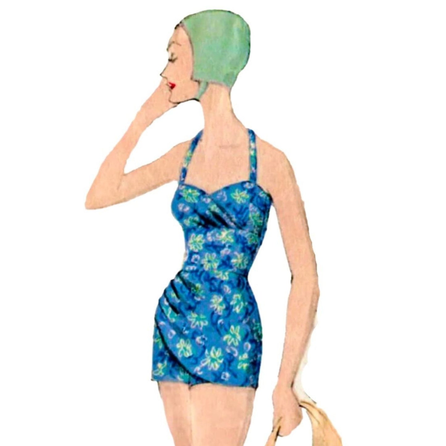 Model wearing bathing suit and reversible beach coat made from Vogue 9749 pattern