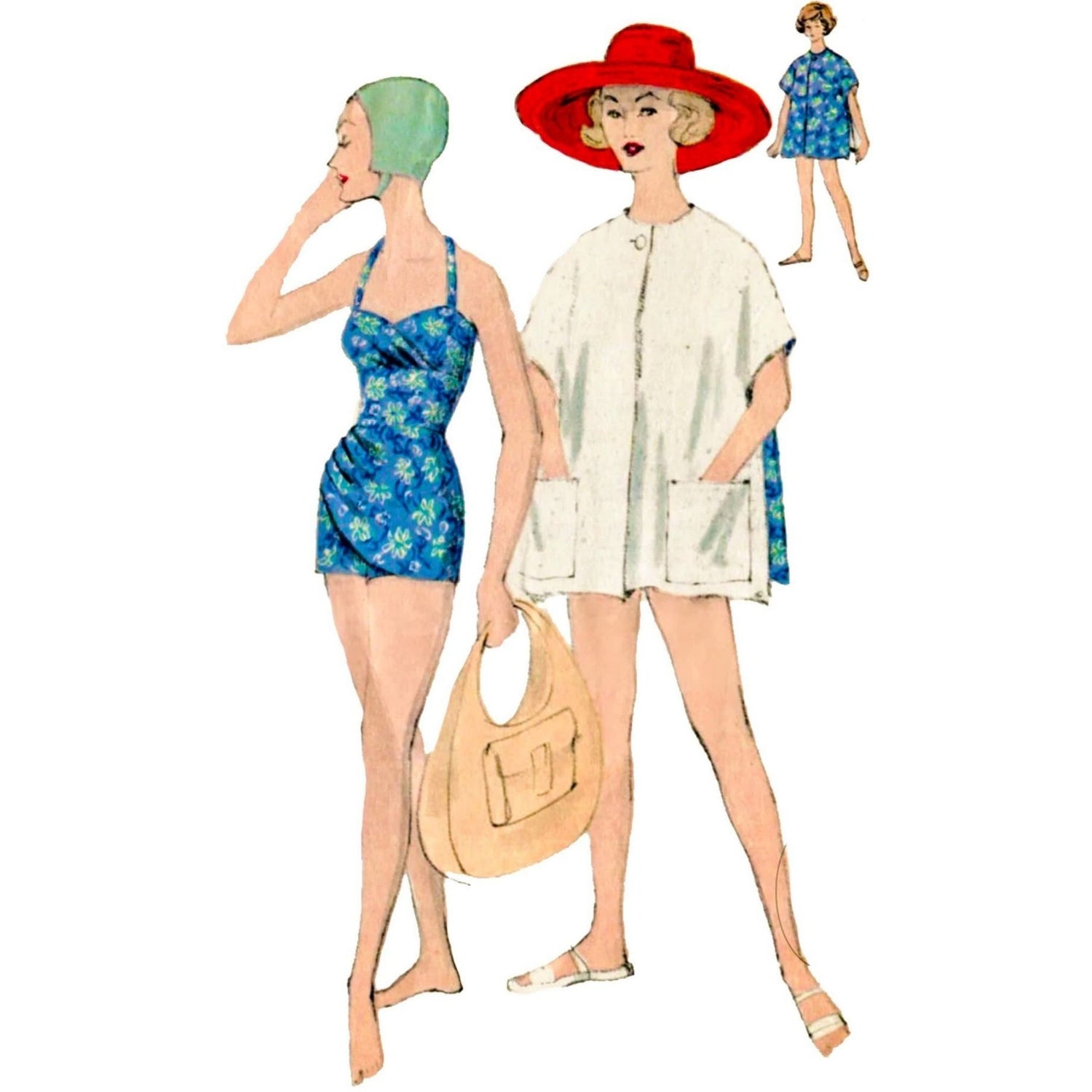 Model wearing bathing suit and reversible beach coat made from Vogue 9749 pattern
