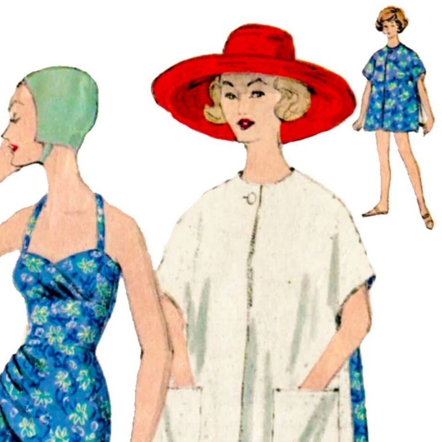 Model wearing bathing suit and reversible beach coat made from Vogue 9749 pattern