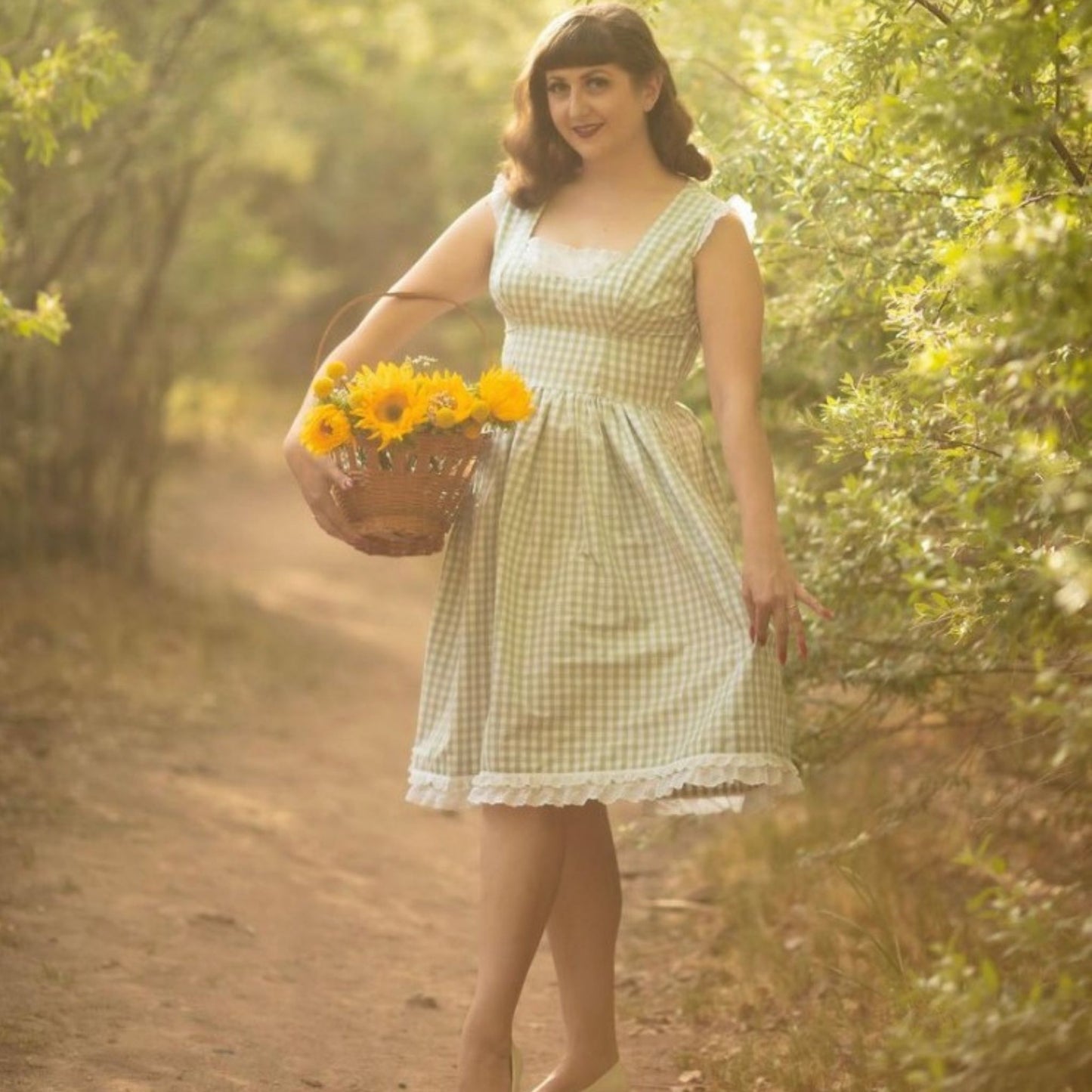 Model wearing 1960s one-piece dress and scarf made from Simplicity 3918 pattern