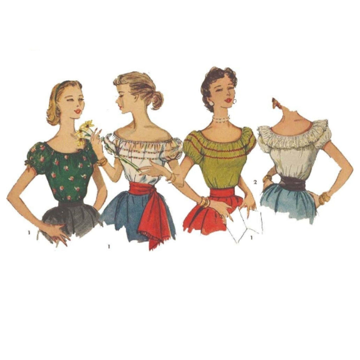 Women wearing 1950's Pattern, Peasant Gypsy Blouses, Latin Off Shoulder
