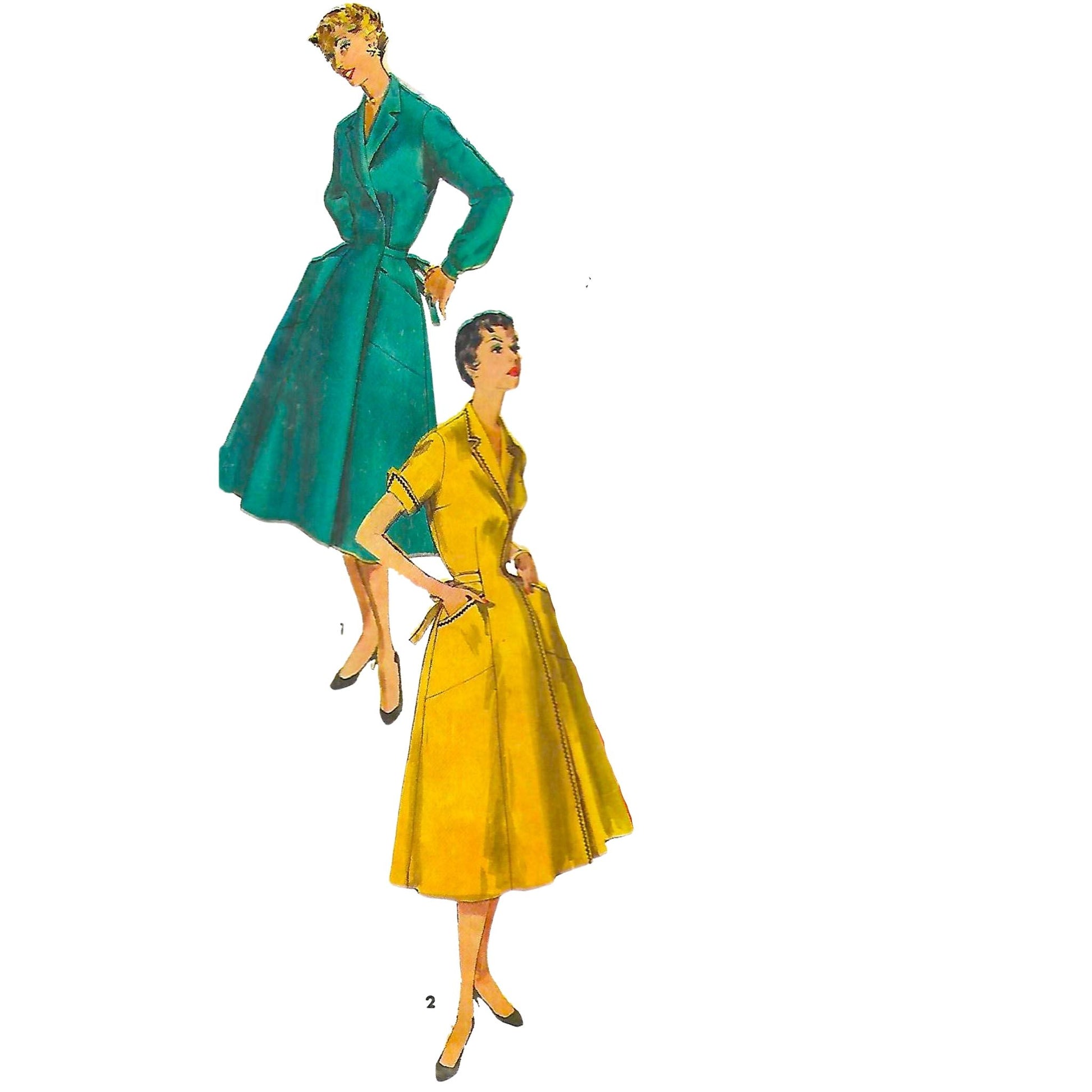 Model wearing 1950s wrap-around house dress made from Simplicity 1028 pattern