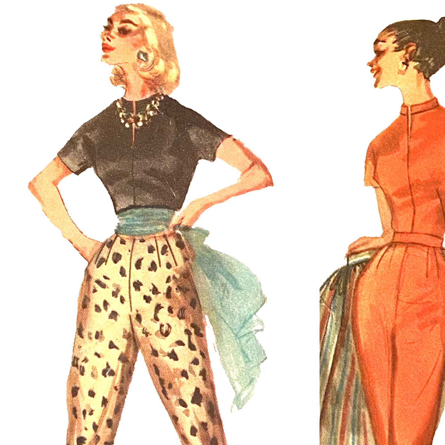 Model wearing 1950s pants in two lengths, blouse and overskirt made from Simplicity 1812 pattern