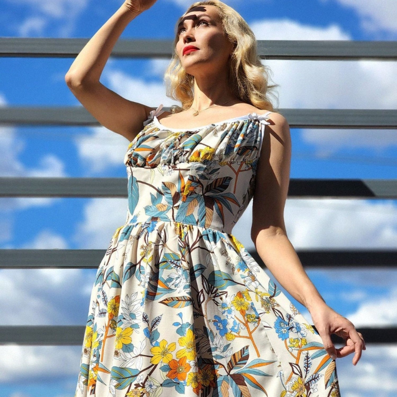Woman wearing the Marilyn Dress made up from 9077 sewing pattern