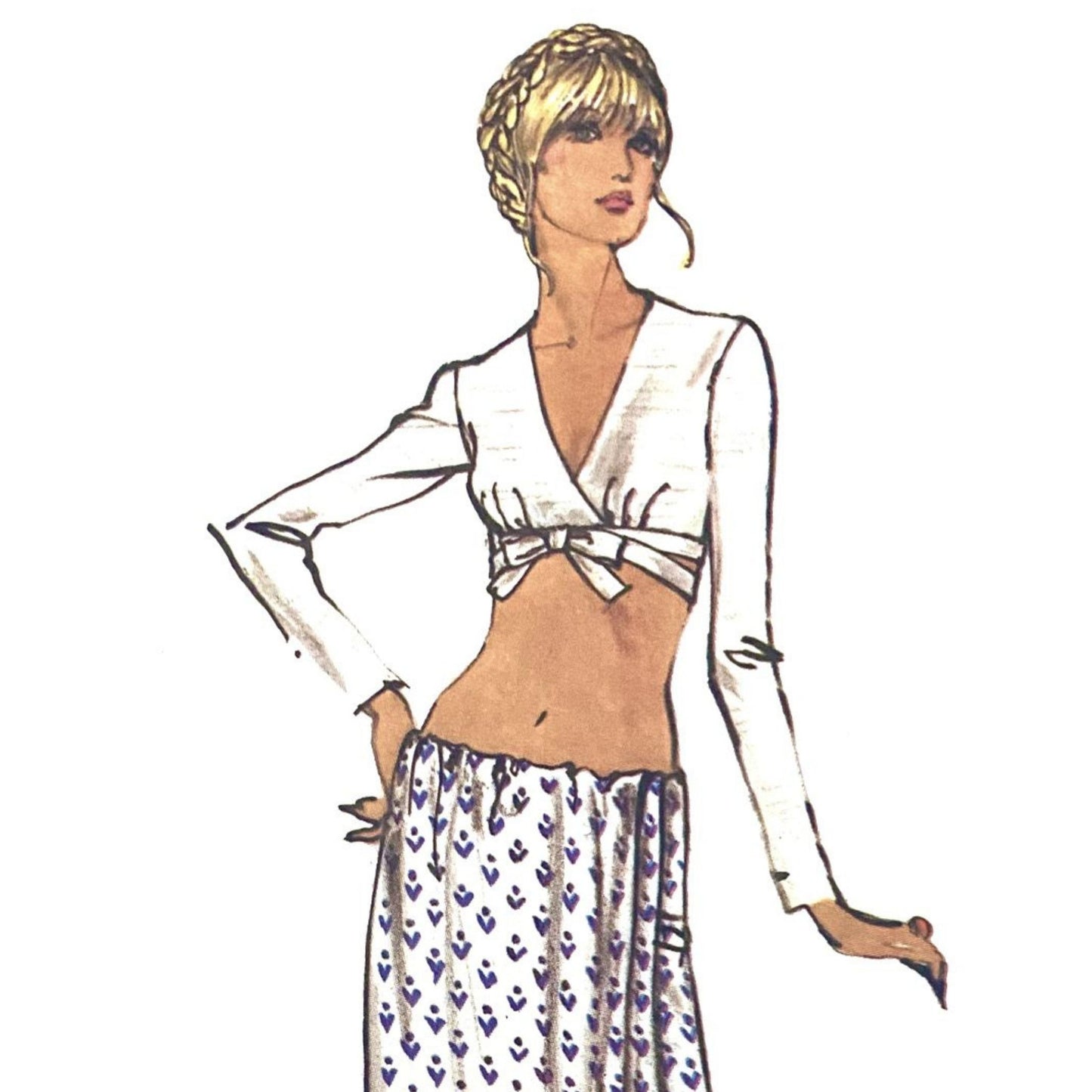 Model wearing blouse and skirt made from Vogue 8057 pattern