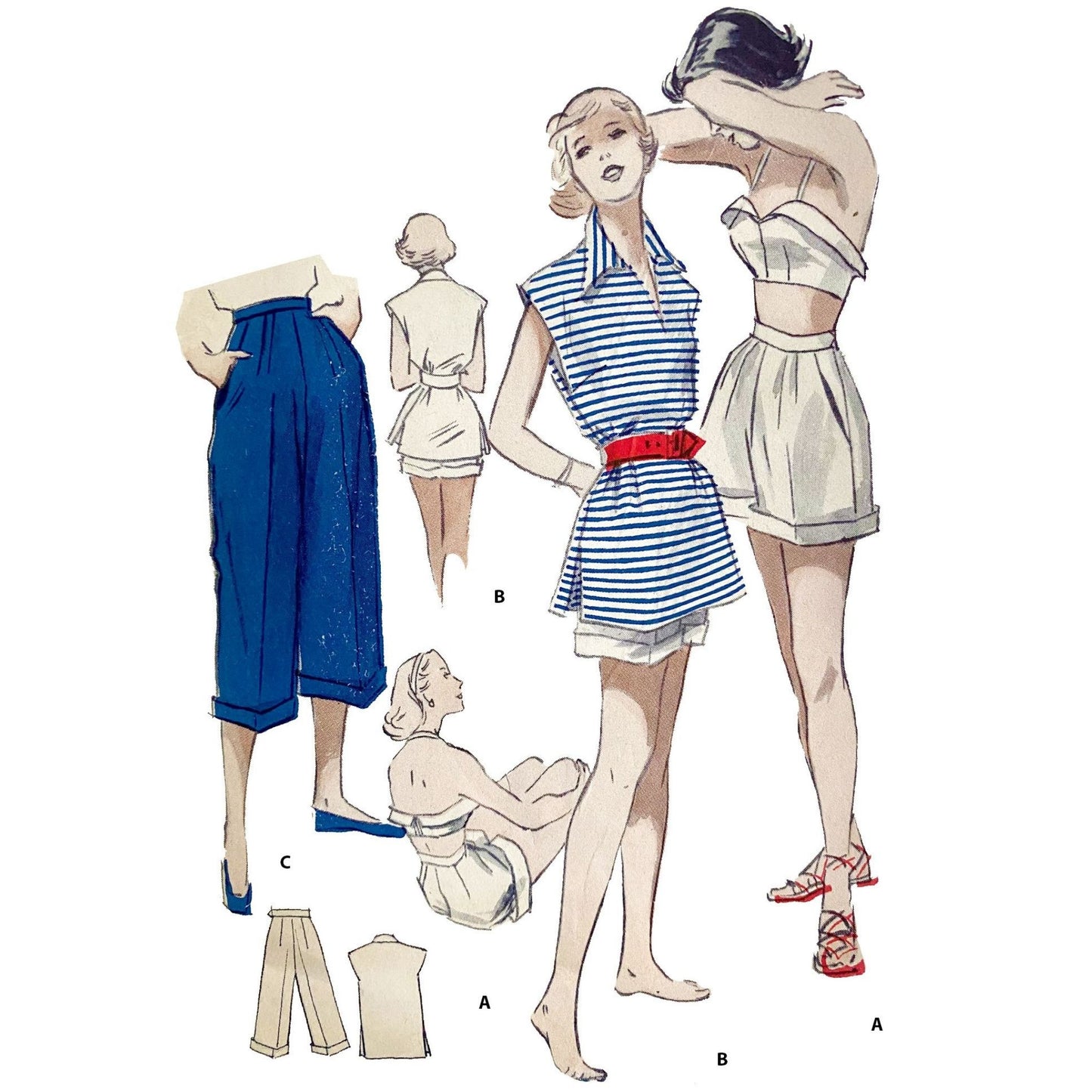 Model wearing long or short shorts, bra tops, over-blouse made from Butterick 5265 pattern