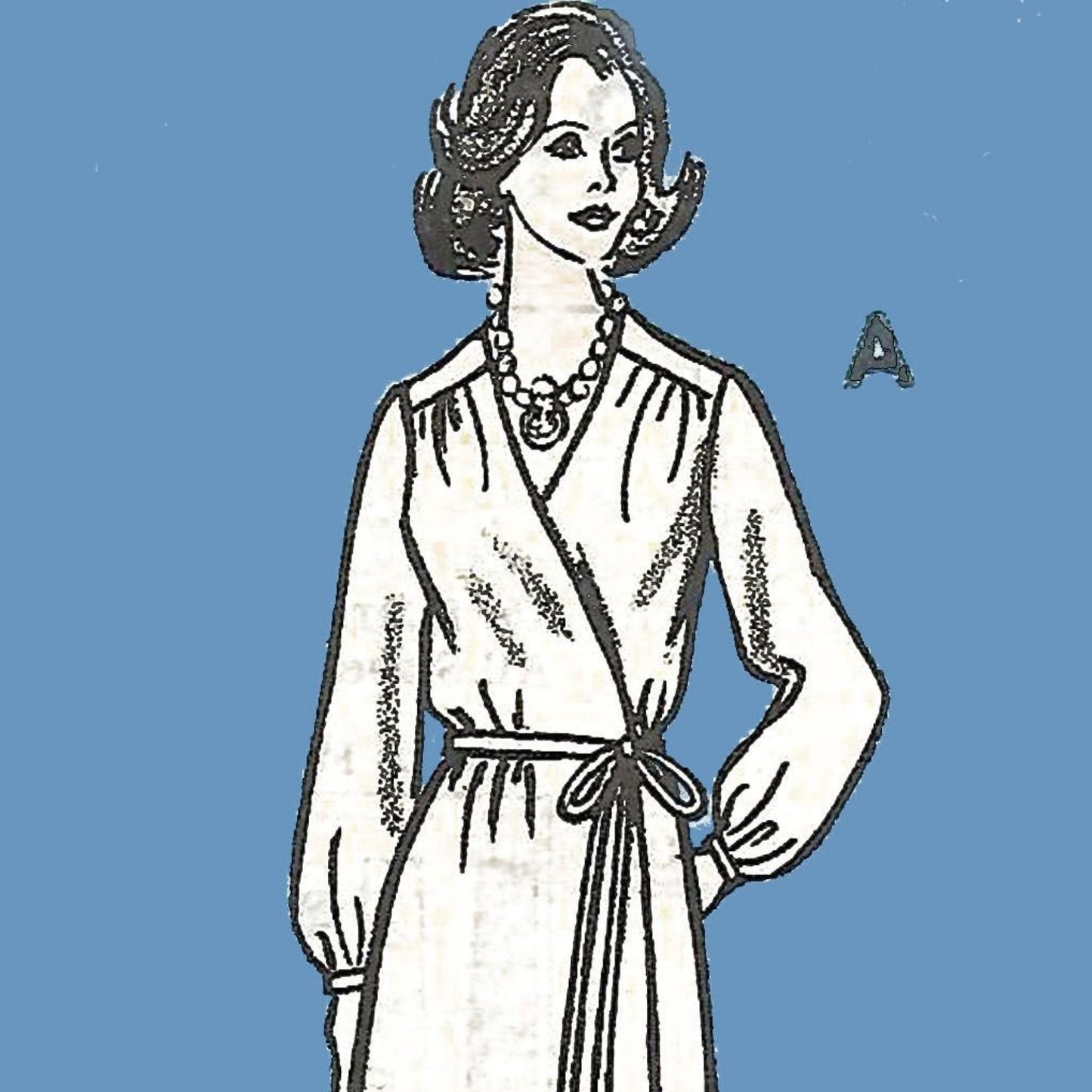 Model wearing 1970s long dress made from Marian Martin 9495 pattern