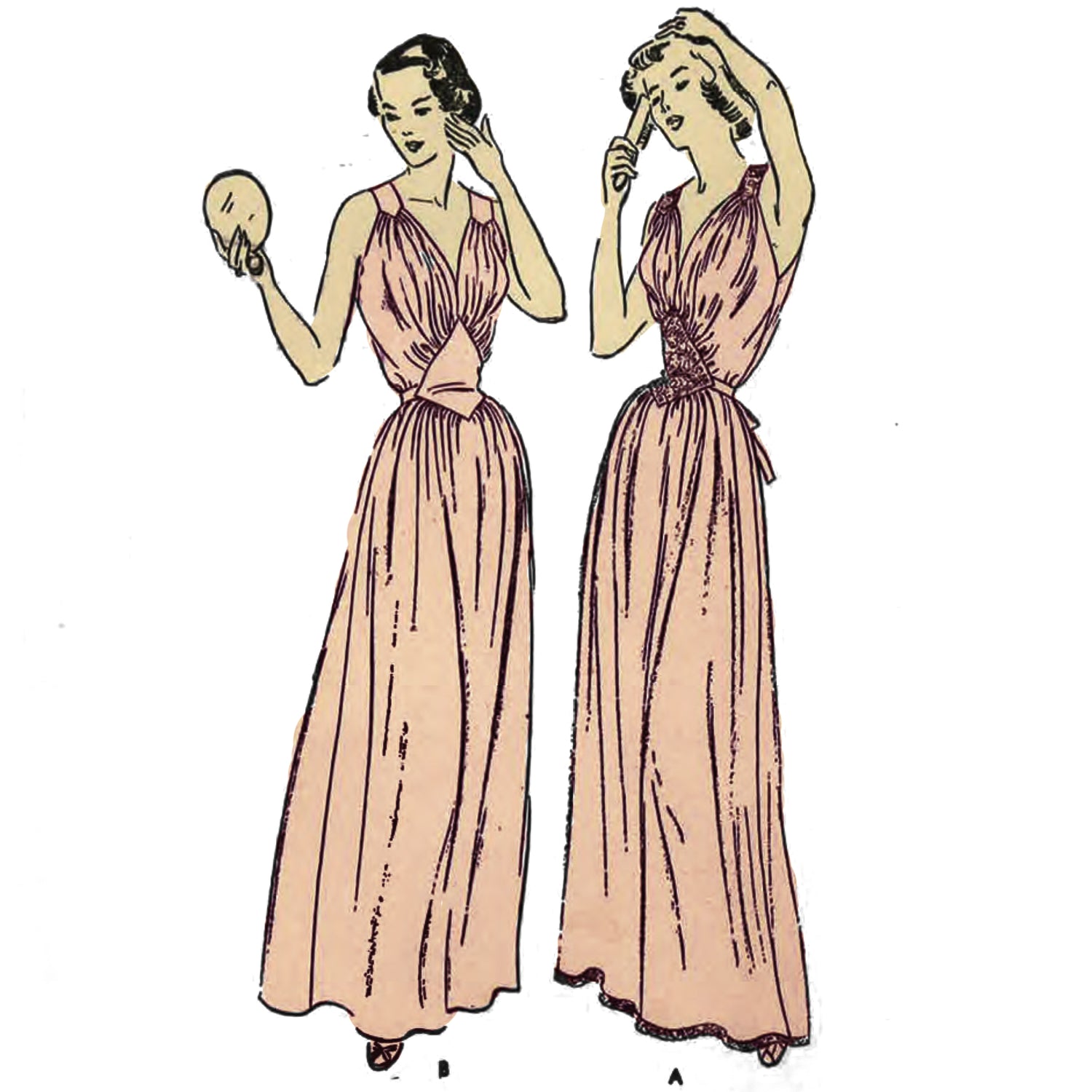 Two women wearing floor length night gowns. Left illustrates View B, right View A.