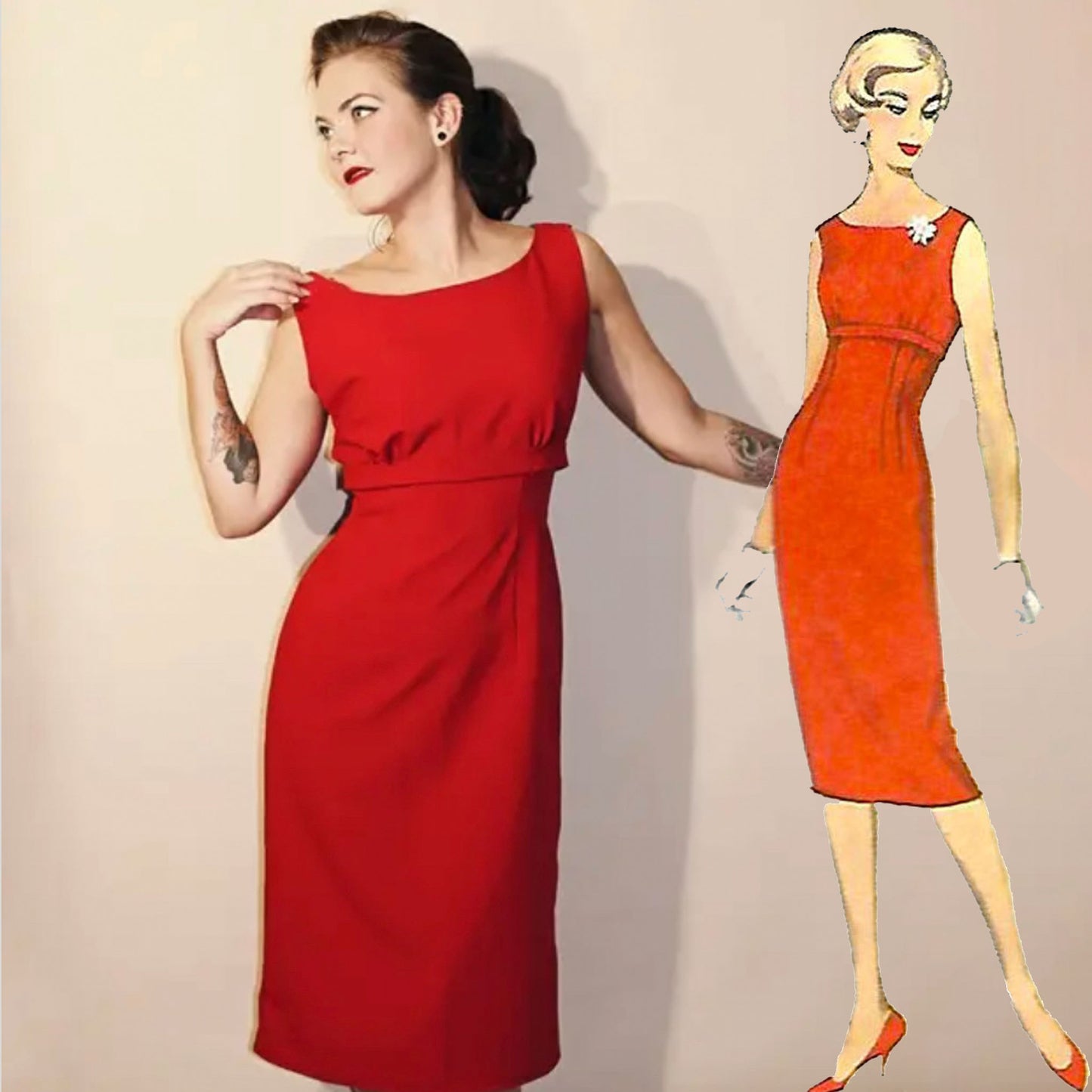 Model wearing 1950s dress, jacket and overskirt made from Simplicity 3035 pattern