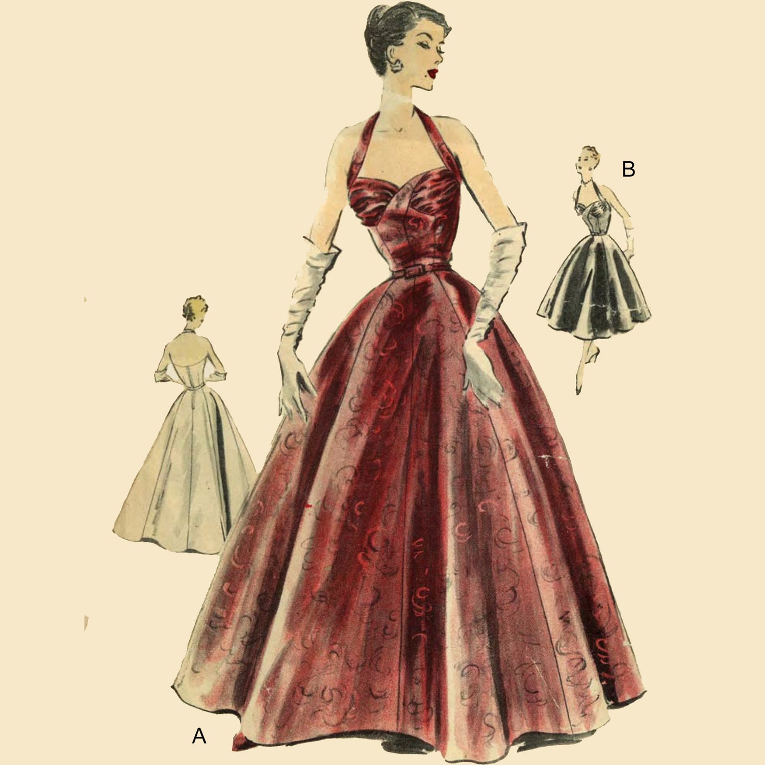 1940's Pattern, Vogue Halter Neck Evening Dress - Bust 32 (81.3cm