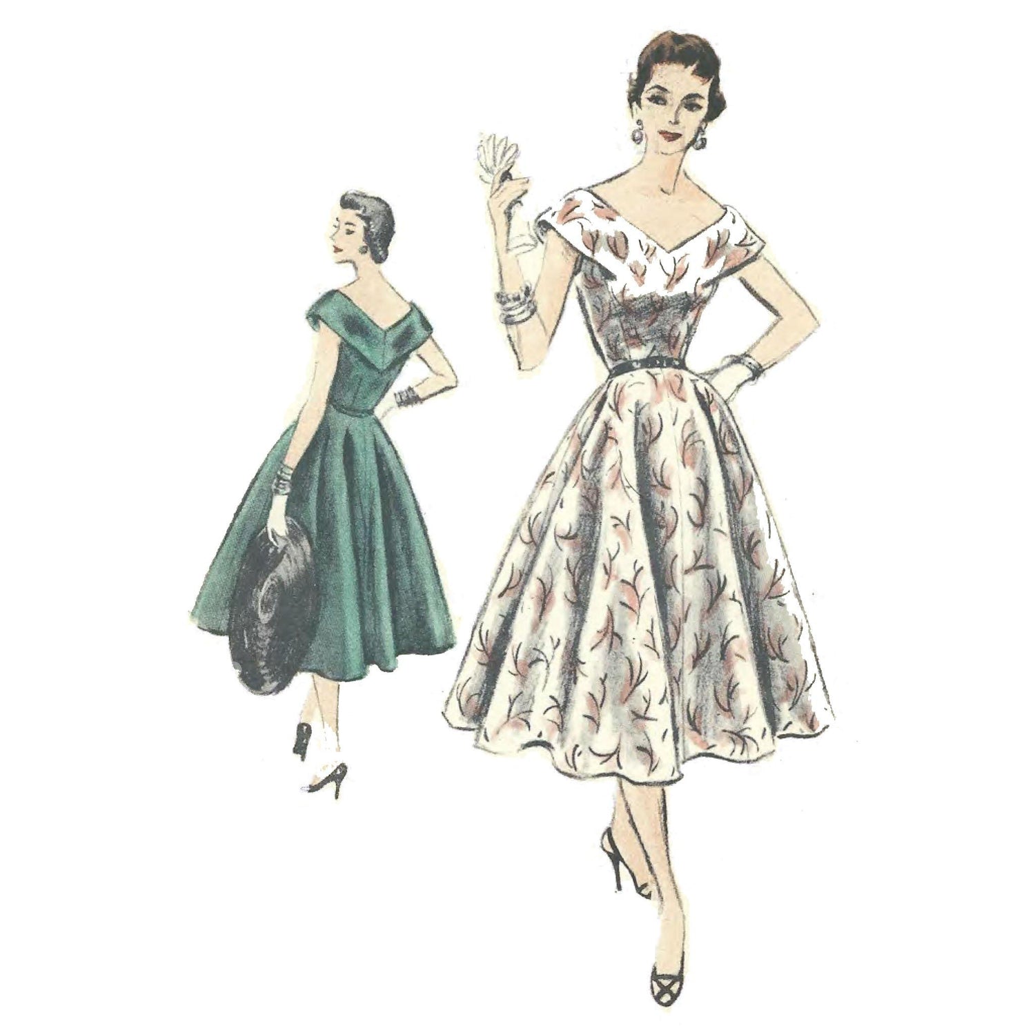 Woman wearing 50s dress, front and back views.