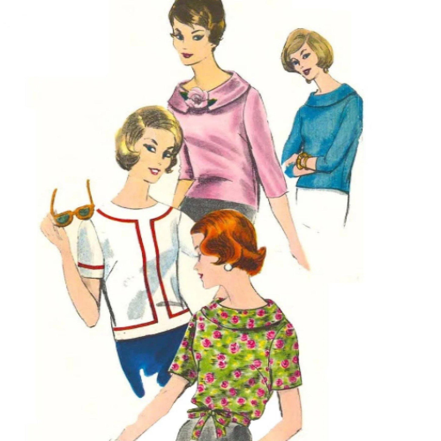 Four women wearing colurful blouses