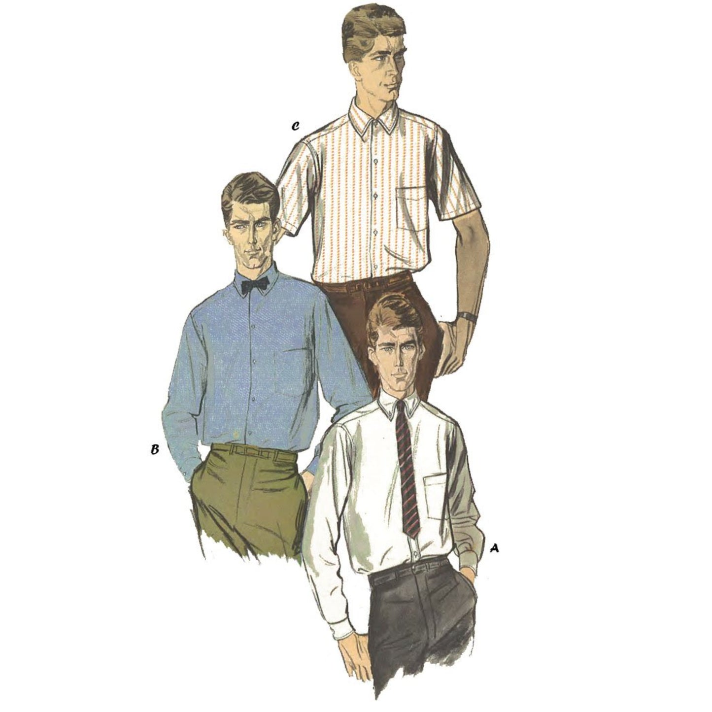 Three men wearing long and short sleeve shirts.