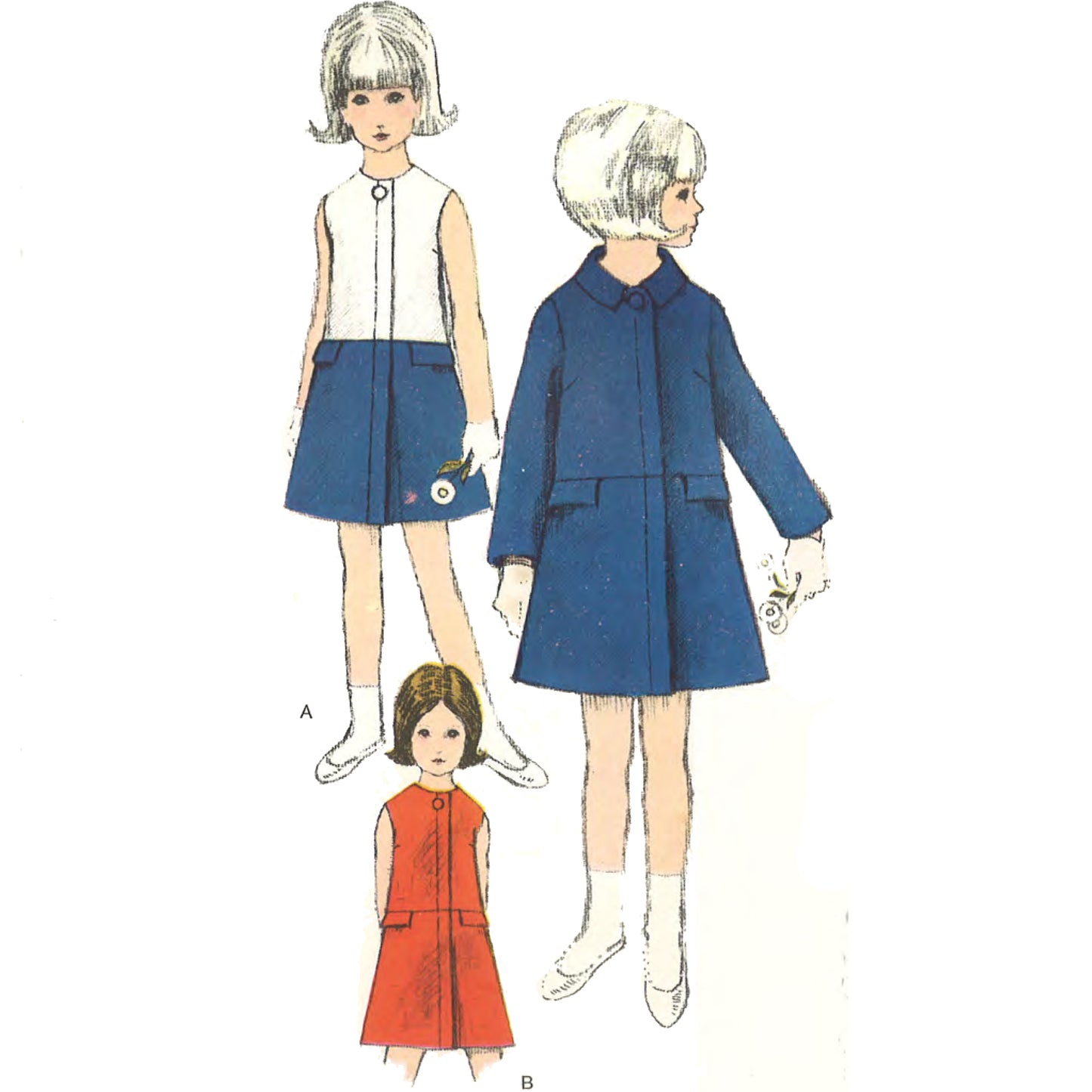 Little girls wearing mod style jackets. Upper left, girl in short sleeve jacket with white body and navy skirt. Lower left, girl in short sleeve red jacket. Right, girl in long sleeve navy jacket.