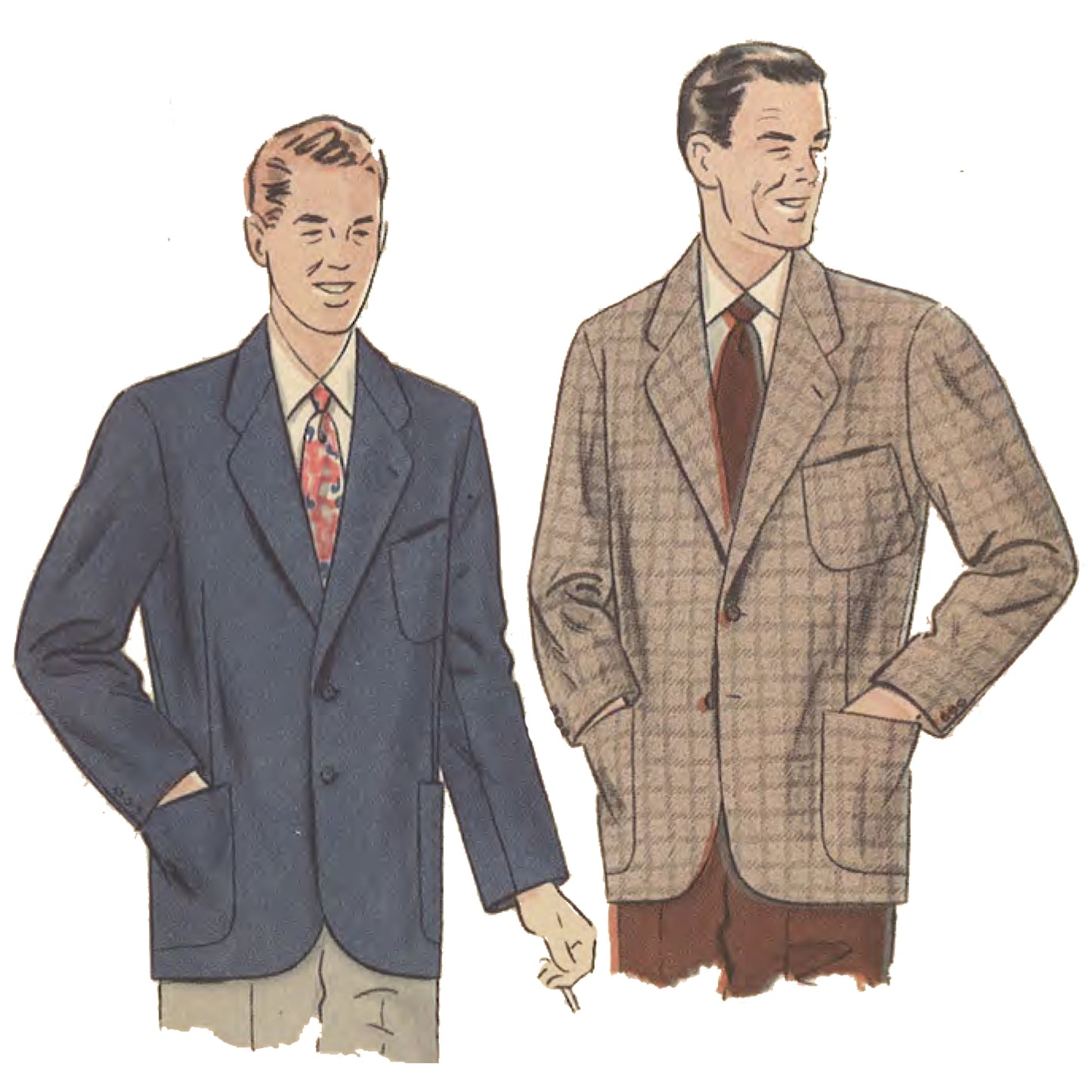 Men wearing blazers. Left, navy blazer. Right, beige with checks.