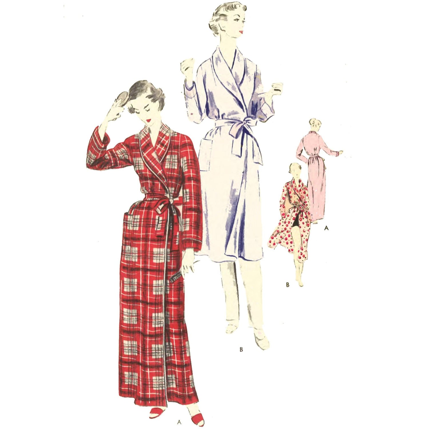 Women wearing dressing gowns, one floor length and one knee length,