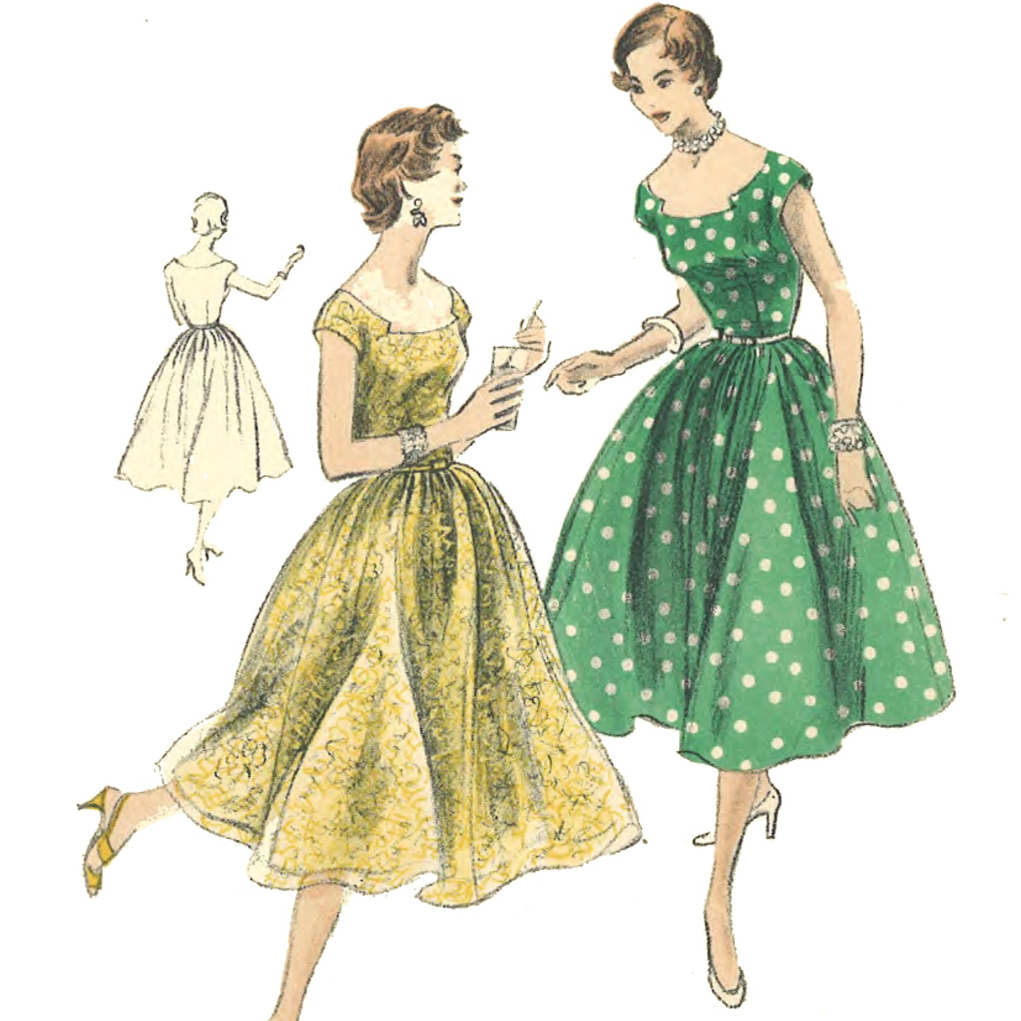 Women wearing rockabilly style dresses. Left, back view. Middle, yellow dress. Right, green and white polka dot dress.