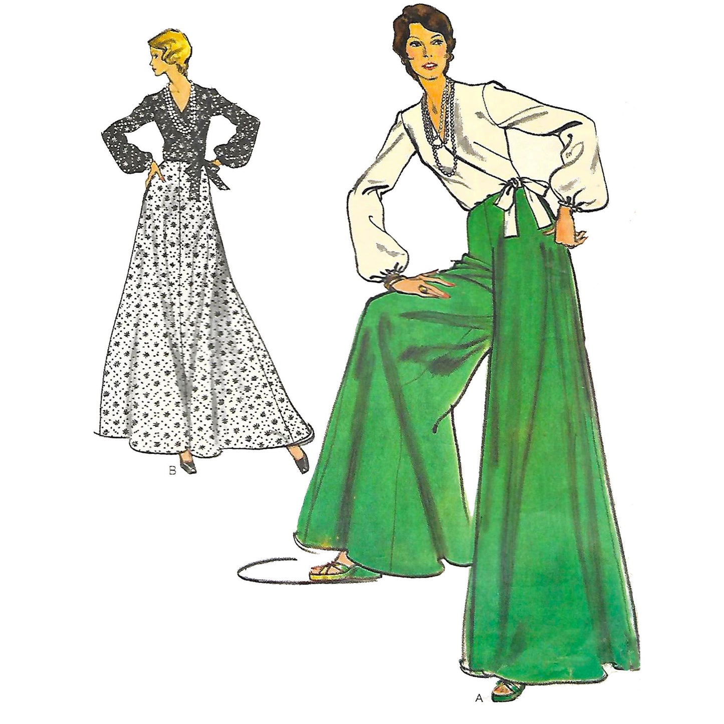 Women in wide fitting pants, pantskirt, wrap top and skirt.