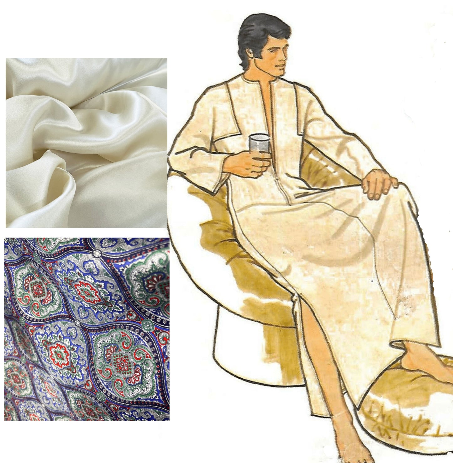 Man wearing kaftan with example fabrics