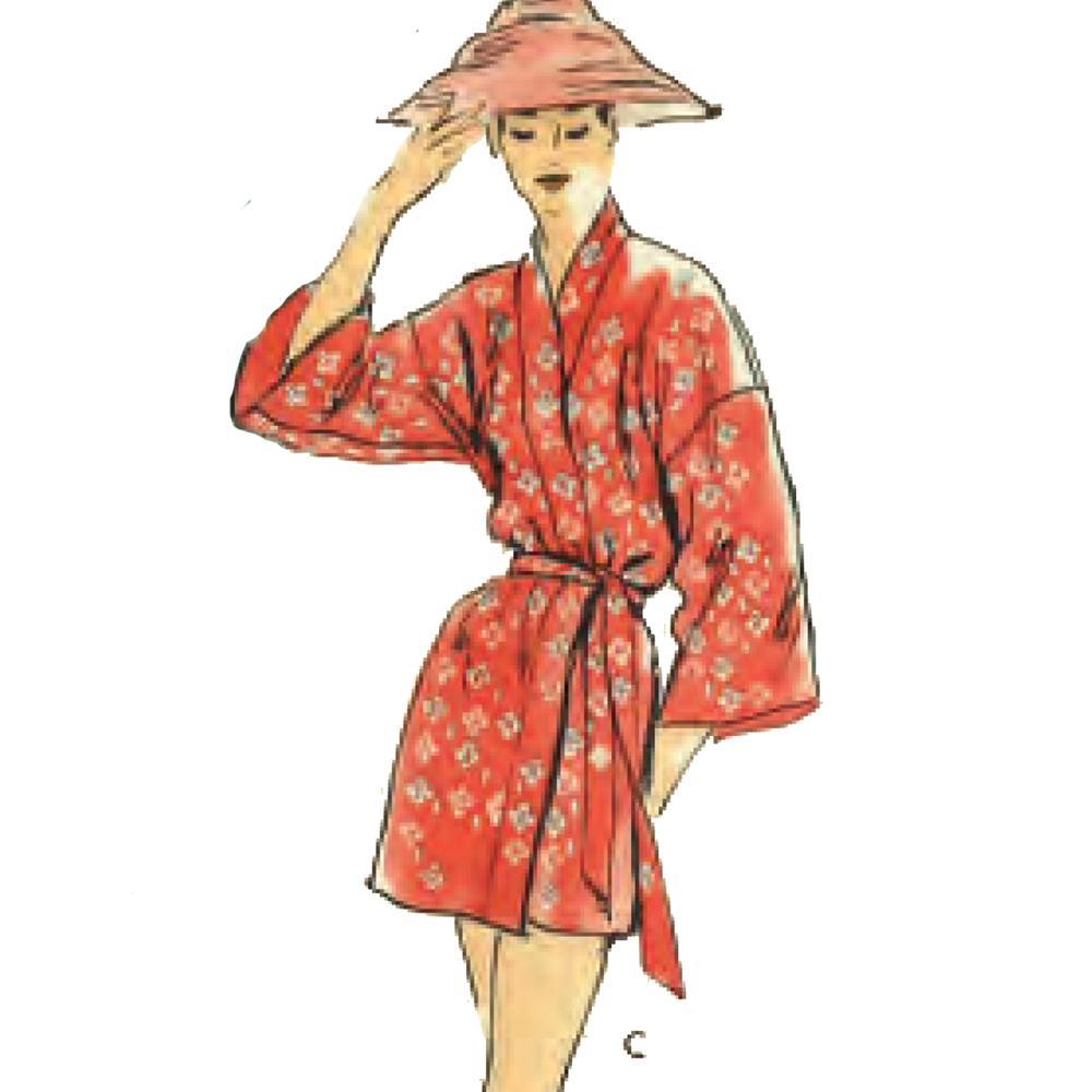 Woman wearing short kimono style robe, in red with a small floral pattern.